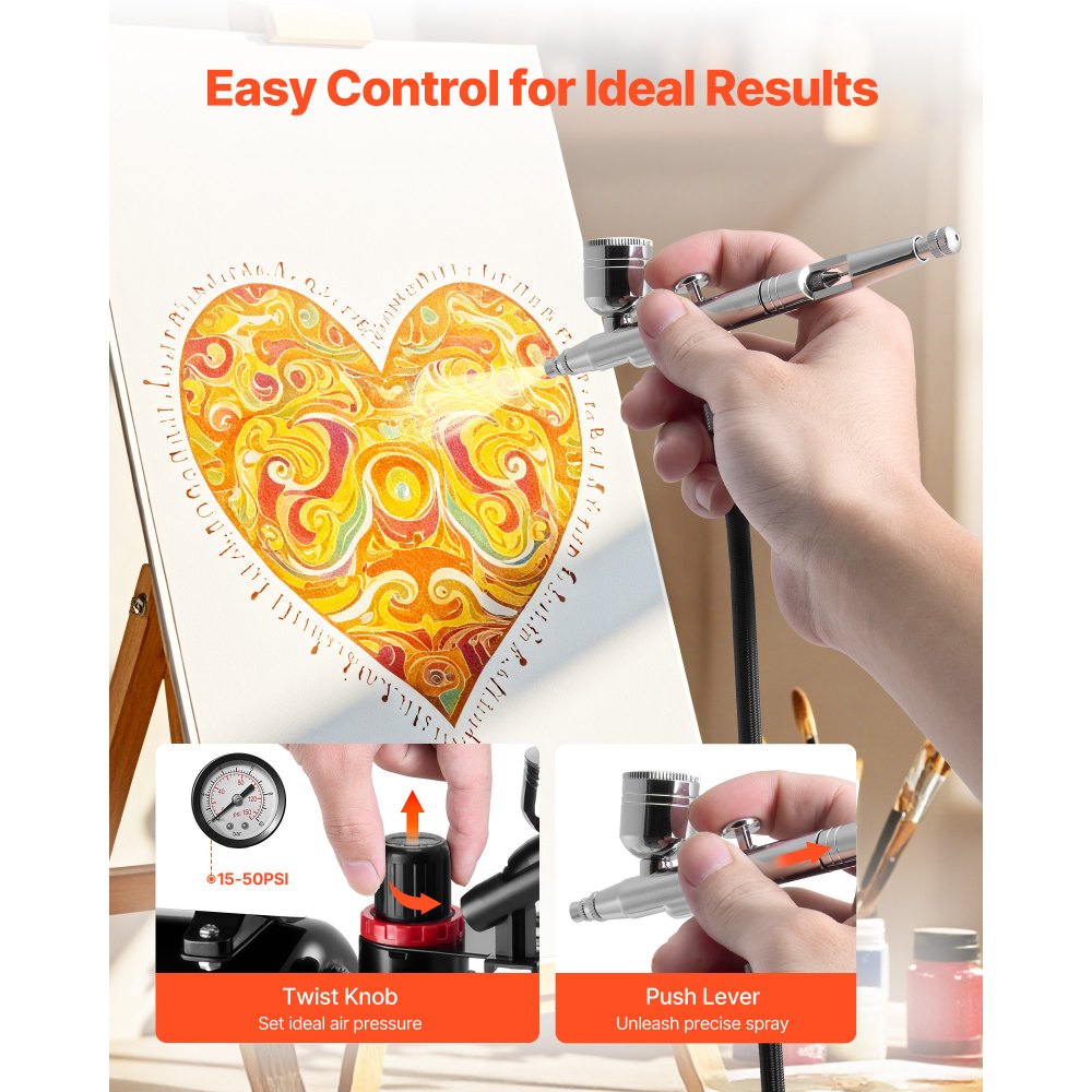 VEVOR Airbrush Set 1/6 HP met luchtcompressor en tank, 1 Dual Action Airbrush-pistool met 3 spuitmonden (0,2/0,3/0,5 mm) en slang, acrylverf en 1 ventilator, voor taartdecoratie, modelschilderen en nail art