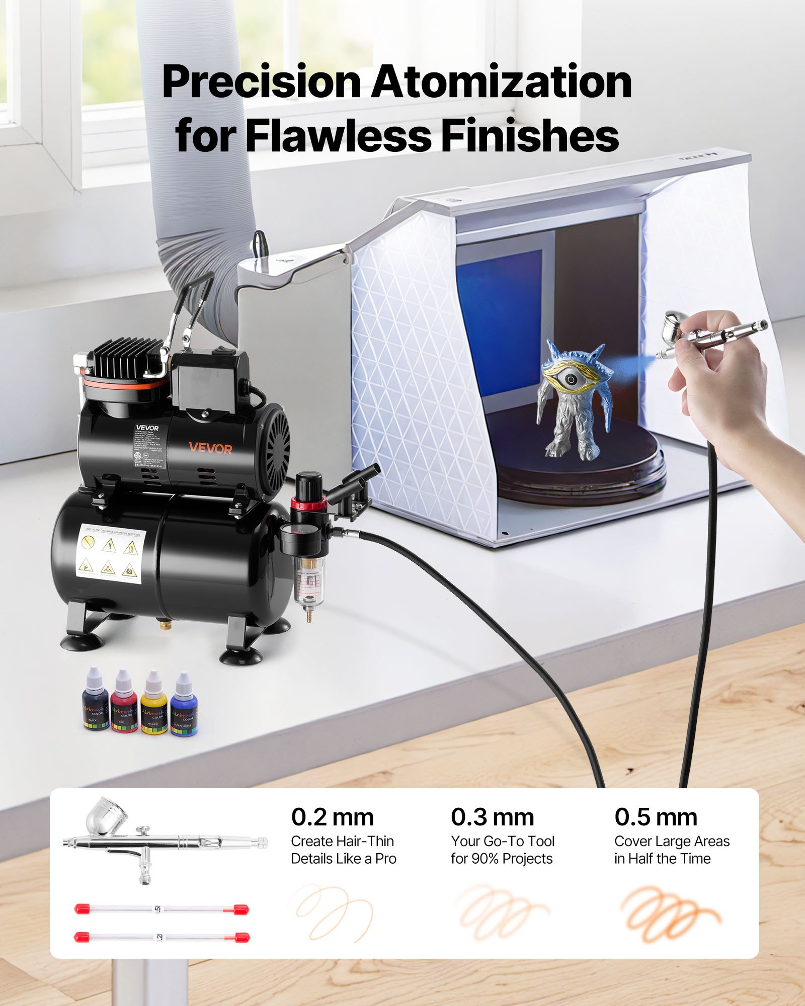 VEVOR Airbrush Set 1/6 HP met luchtcompressor en tank, 1 Dual Action Airbrush-pistool met 3 spuitmonden (0,2/0,3/0,5 mm) en slang, acrylverf en 1 ventilator, voor taartdecoratie, modelschilderen en nail art