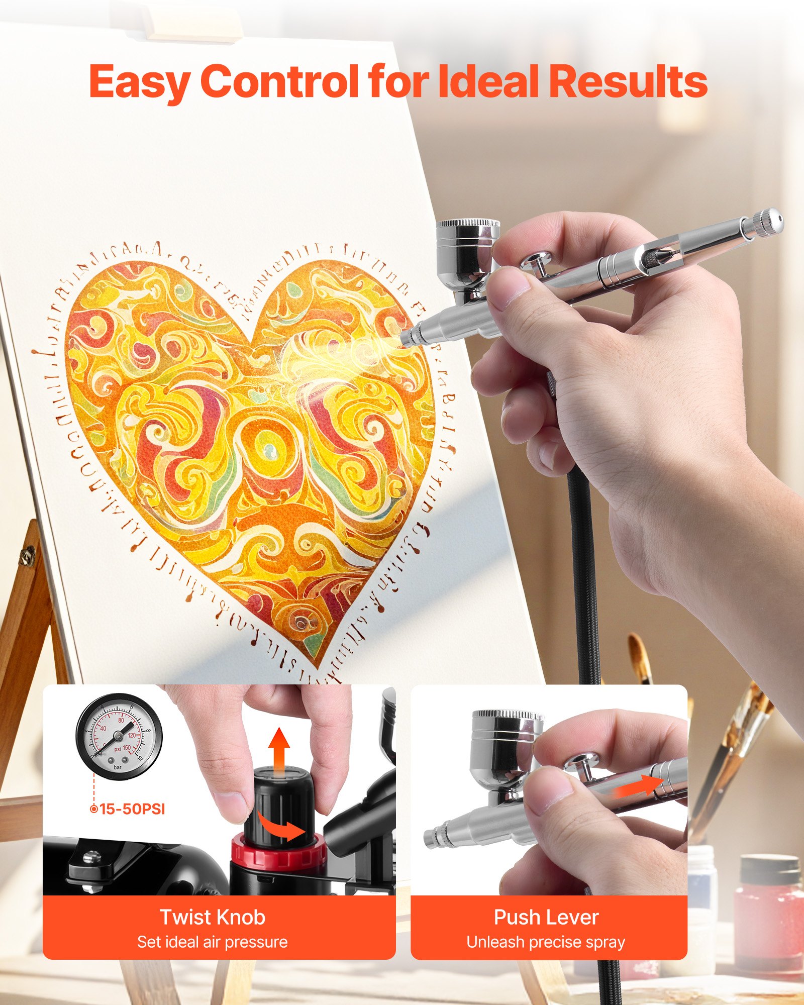 VEVOR Airbrush Set 1/6 HP met luchtcompressor en tank, 1 Dual Action Airbrush-pistool met 3 spuitmonden (0,2/0,3/0,5 mm) en slang, acrylverf en 1 ventilator, voor taartdecoratie, modelschilderen en nail art