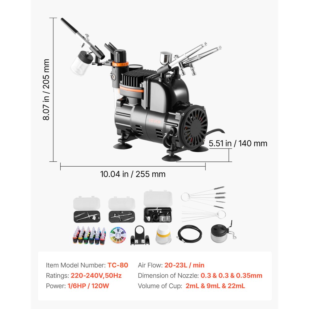 VEVOR Airbrush Set 1/6 HP met luchtcompressor, 3 airbrushpistolen met dubbele werking en 3 nozzles (0,3/0,3/0,35 mm), slang en acrylverf, voor taartdecoratie, modelbouw, nail art, geluidsarm
