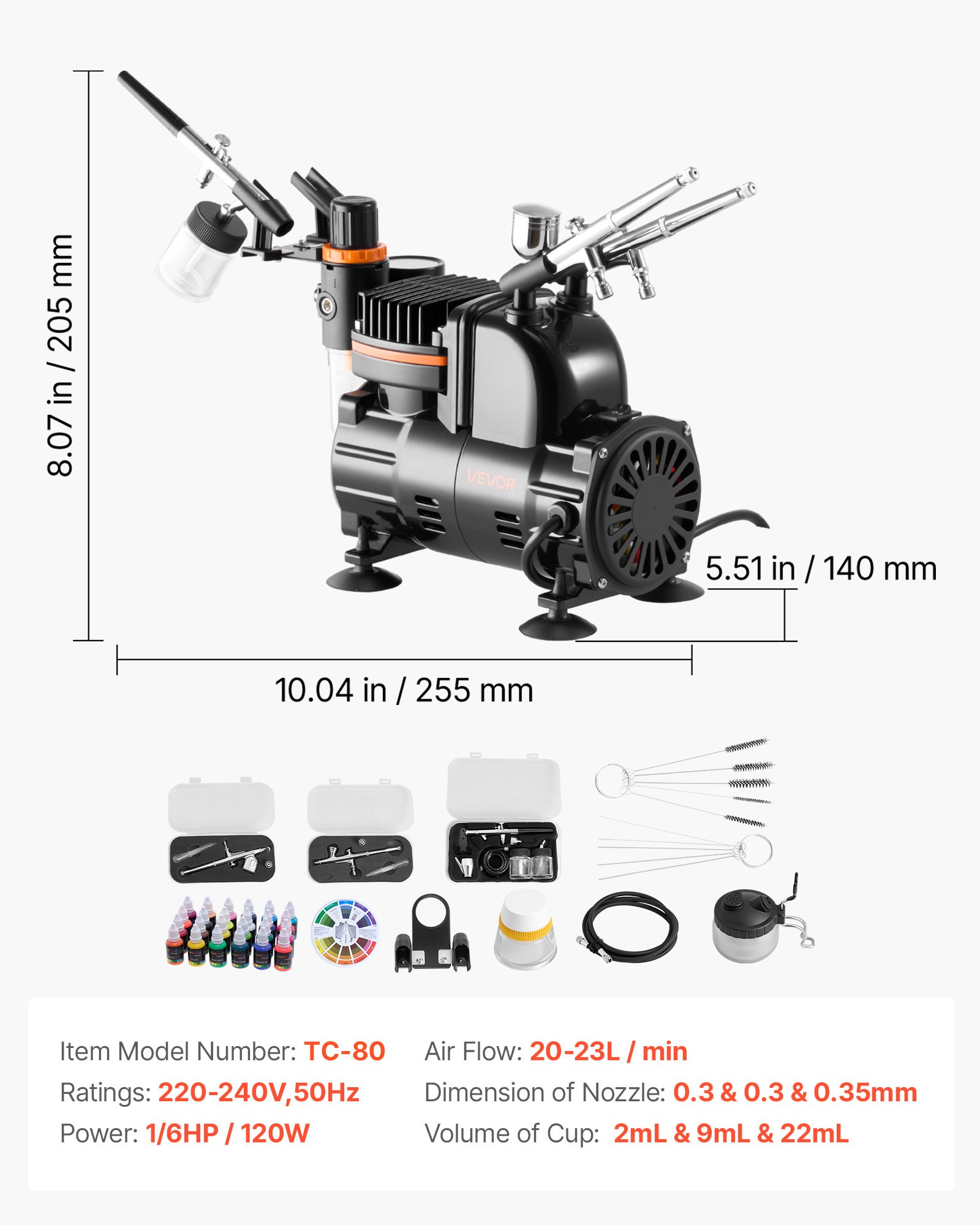 VEVOR Airbrush Set 1/6 HP met luchtcompressor, 3 airbrushpistolen met dubbele werking en 3 nozzles (0,3/0,3/0,35 mm), slang en acrylverf, voor taartdecoratie, modelbouw, nail art, geluidsarm