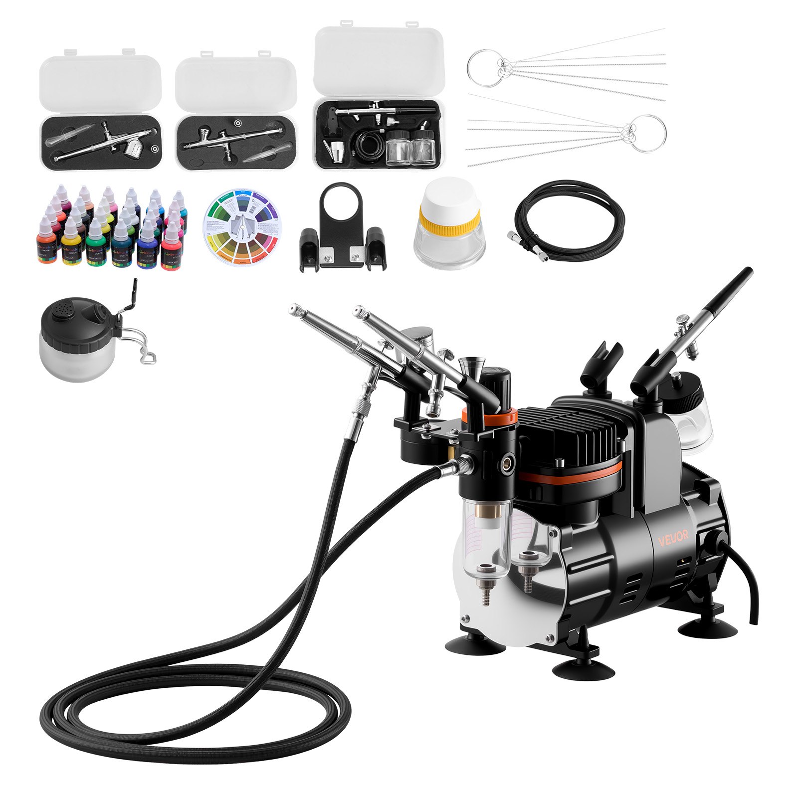 VEVOR Airbrush Set 1/6 HP met luchtcompressor, 3 airbrushpistolen met dubbele werking en 3 nozzles (0,3/0,3/0,35 mm), slang en acrylverf, voor taartdecoratie, modelbouw, nail art, geluidsarm