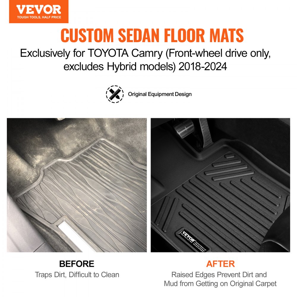 VEVOR Automotive Floor Mats, Fits for Toyota Camry 2018-2024, 3 pcs Front and 2nd Row Liners, All Weather Custom Fit TPE Vehicle Floor Mats, Easy to Clean and Secure Floor Liners for SUV, Black