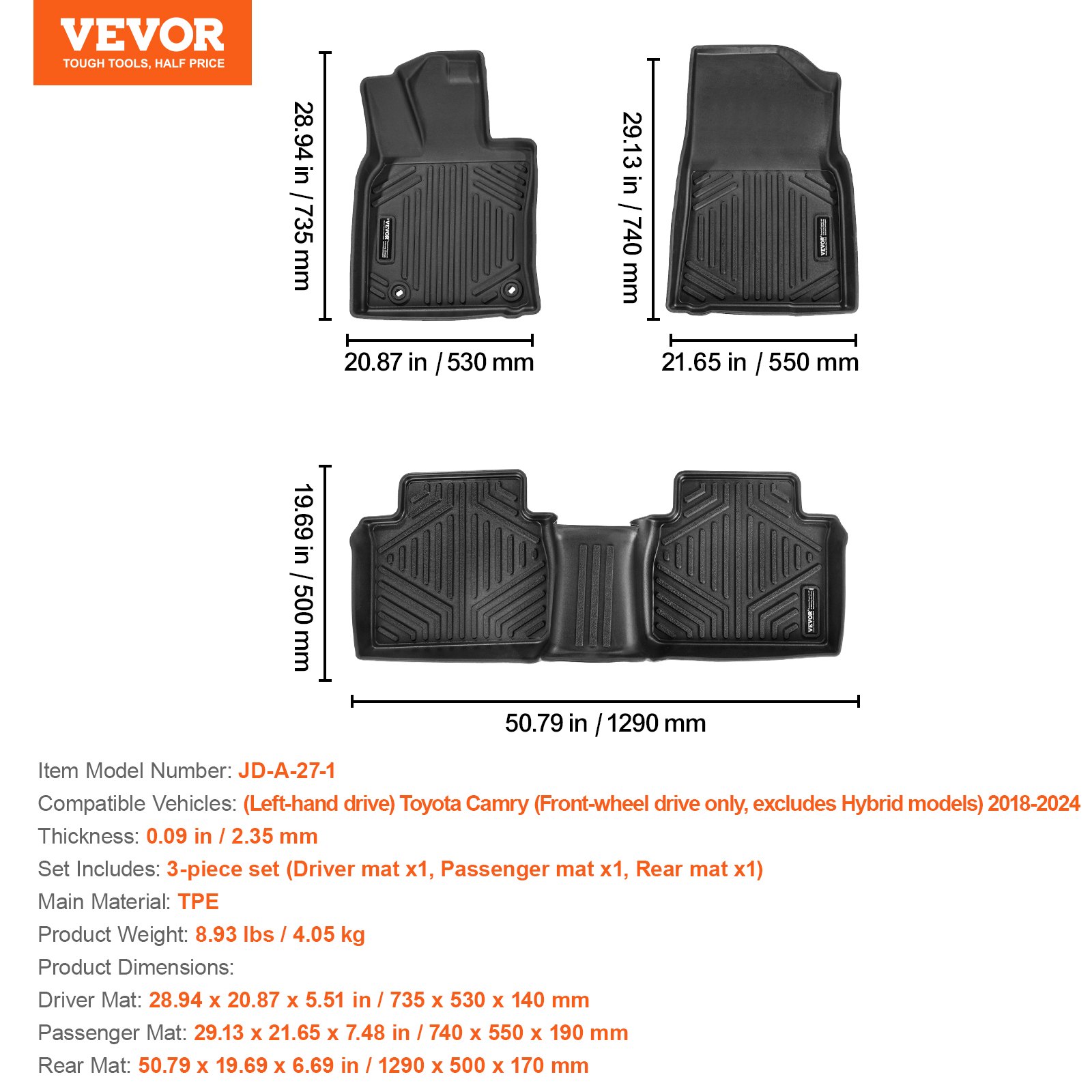 VEVOR Automotive Floor Mats, Fits for Toyota Camry 2018-2024, 3 pcs Front and 2nd Row Liners, All Weather Custom Fit TPE Vehicle Floor Mats, Easy to Clean and Secure Floor Liners for SUV, Black