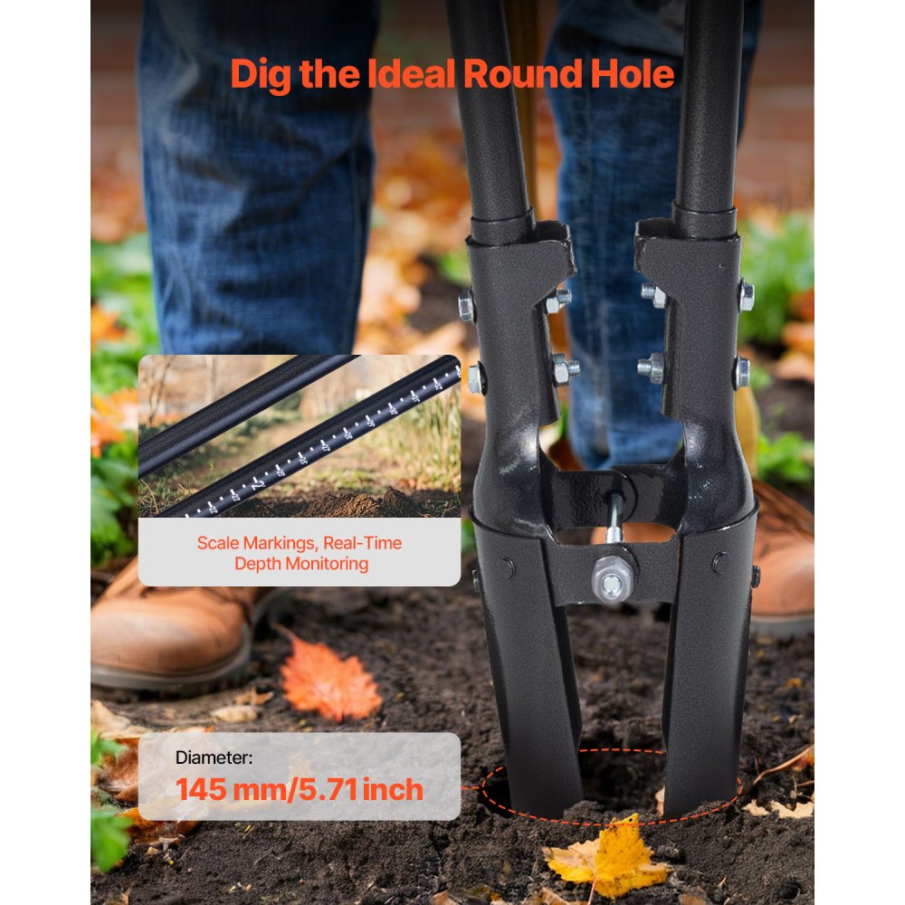 VEVOR Post Hole Digger, Heavy Duty Post Hole Digger with Carbon Steel Handle, Manual Hole Digger with Scale Markings and Metal Blade, Post Hole Digger Tool for Digging Gardening Outdoors, 57.5-Inch