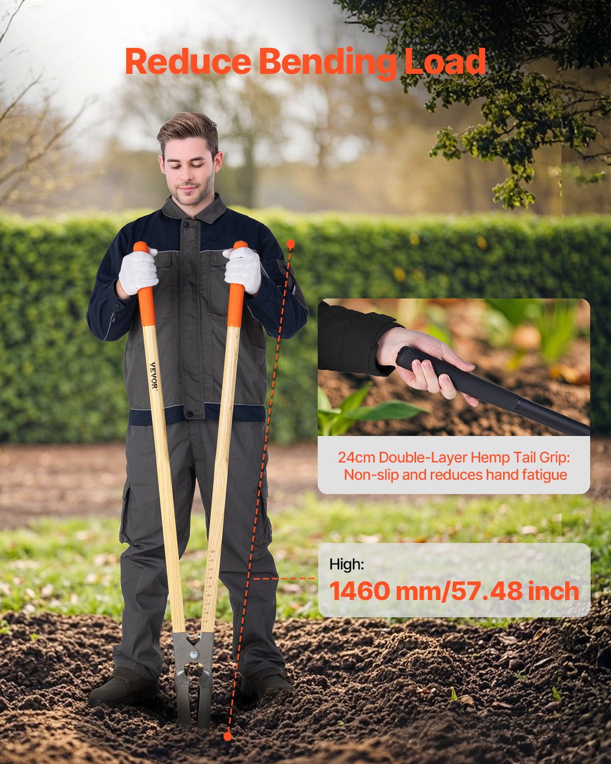 VEVOR Paalgatboor 146 cm, zware paalgatboor met houten handvat, handgraafmachine met schaalmarkeringen en metalen blad, paalgatspade voor graven in de buitenlucht