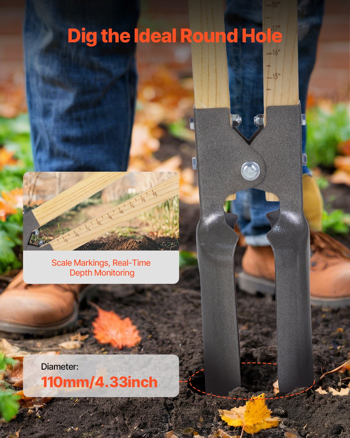 VEVOR Paalgatboor 146 cm, zware paalgatboor met houten handvat, handgraafmachine met schaalmarkeringen en metalen blad, paalgatspade voor graven in de buitenlucht