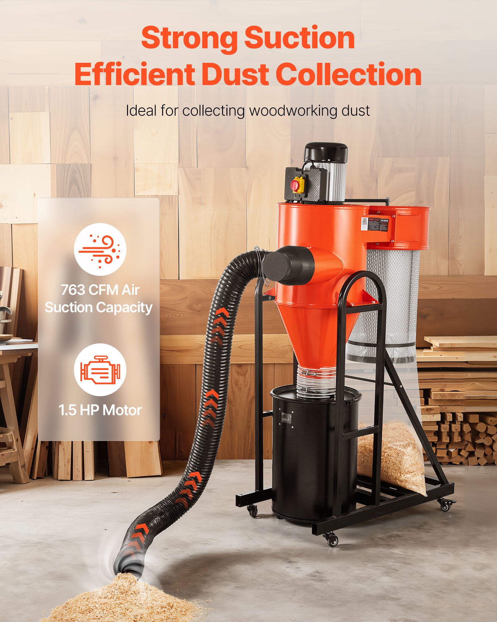 VEVOR Dust Collector, 763 CFM 1 Micron Cyclone Dust Collector, 1.5HP Dusts Separator with 12.5-Gallon Dust Collector Bag & Base Stand, Smart Cyclone Separation, Dusts Collection System for Woodworking