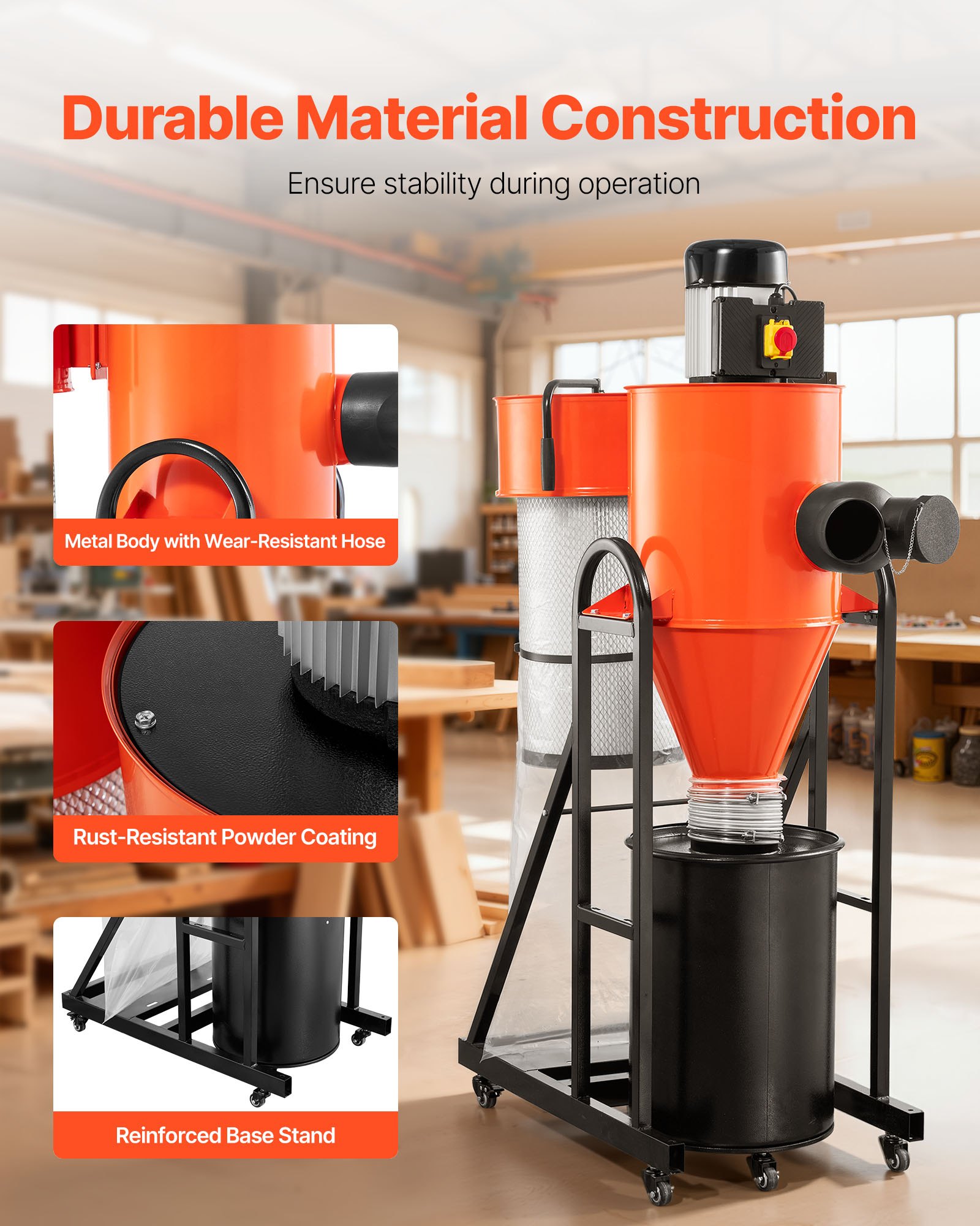 VEVOR Dust Collector, 763 CFM 1 Micron Cyclone Dust Collector, 1.5HP Dusts Separator with 12.5-Gallon Dust Collector Bag & Base Stand, Smart Cyclone Separation, Dusts Collection System for Woodworking