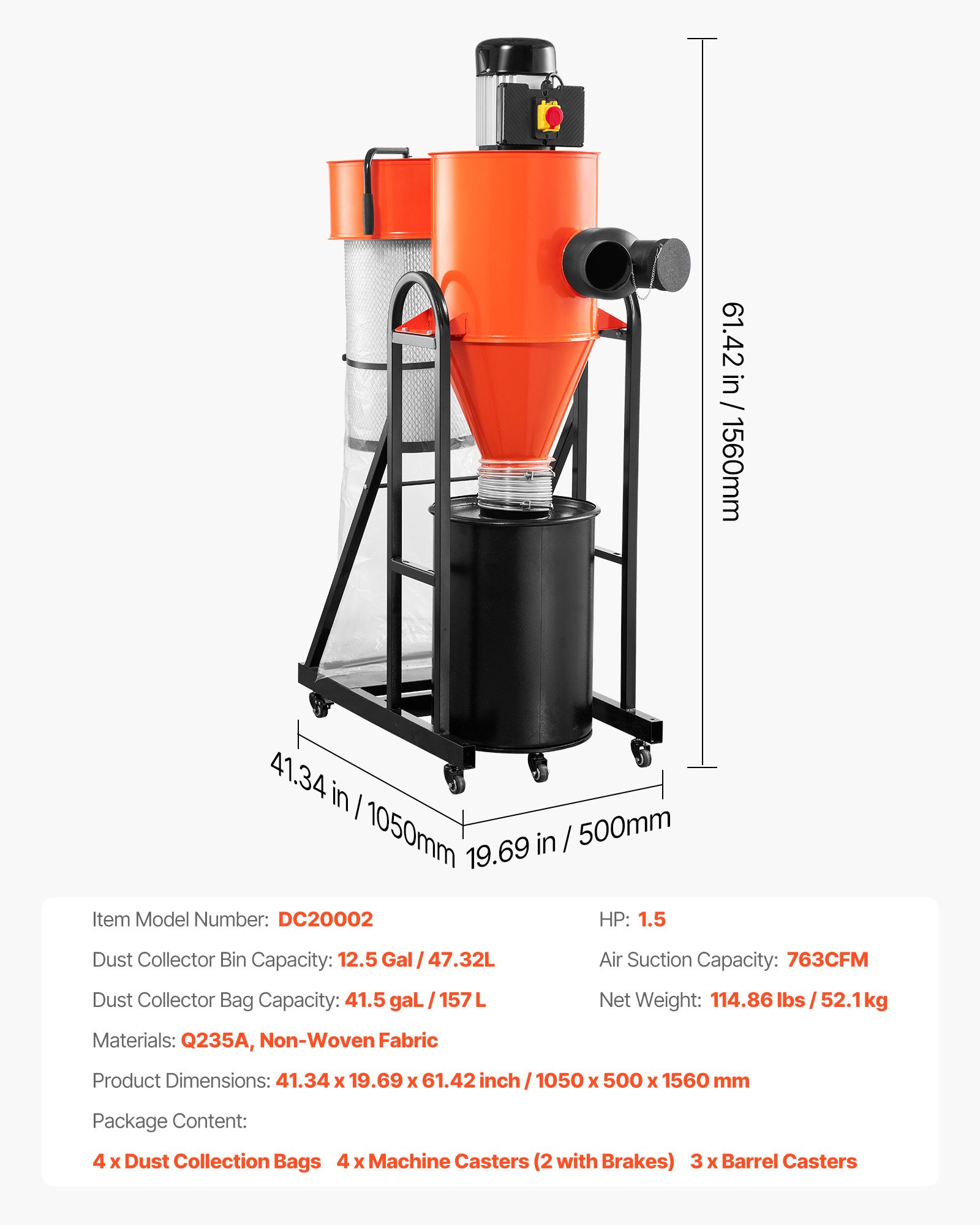 VEVOR Dust Collector, 763 CFM 1 Micron Cyclone Dust Collector, 1.5HP Dusts Separator with 12.5-Gallon Dust Collector Bag & Base Stand, Smart Cyclone Separation, Dusts Collection System for Woodworking