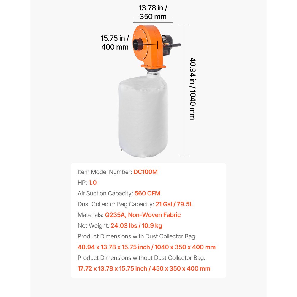 VEVOR Stofafzuigsysteem, Wandmontage, 1 pk, 951,45 m³/u, Stofafzuiger voor Houtbewerking met 2,5-Micron Stofopvangzak van 79,5 Liter, Spaanafzuigsysteem voor Houtbewerking/Werkplaatsen, Industriële Fabrieken