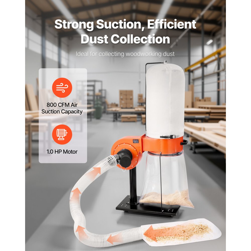 VEVOR Dust Collector, 800 CFM 2.5 Micron Vortex Cone Dust Collectors, 1HP Sawdust Collection System with 16-Gallon Dusts Collector Bag, Filter Bag, and Casters, 2800 RPM High Speed, for Woodworking