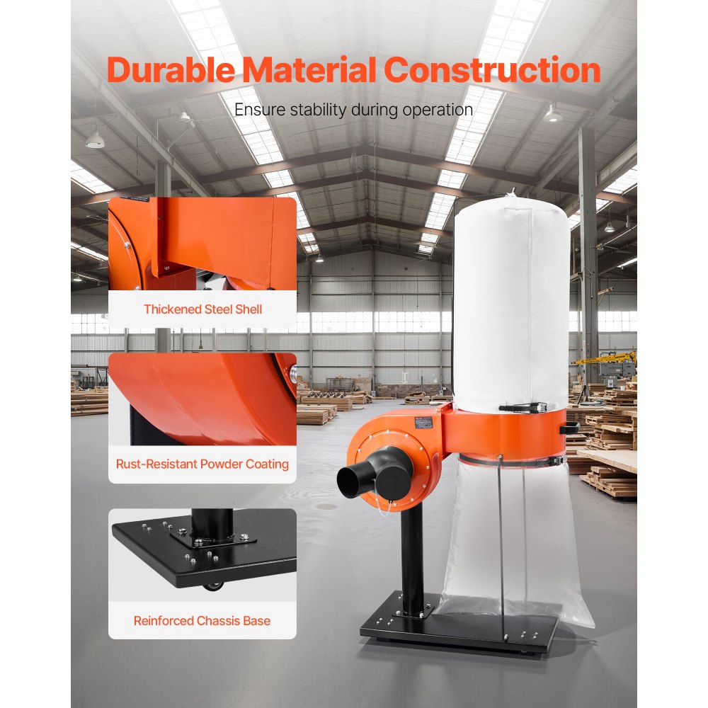 VEVOR Dust Collector, 800 CFM 2.5 Micron Vortex Cone Dust Collectors, 1HP Sawdust Collection System with 16-Gallon Dusts Collector Bag, Filter Bag, and Casters, 2800 RPM High Speed, for Woodworking