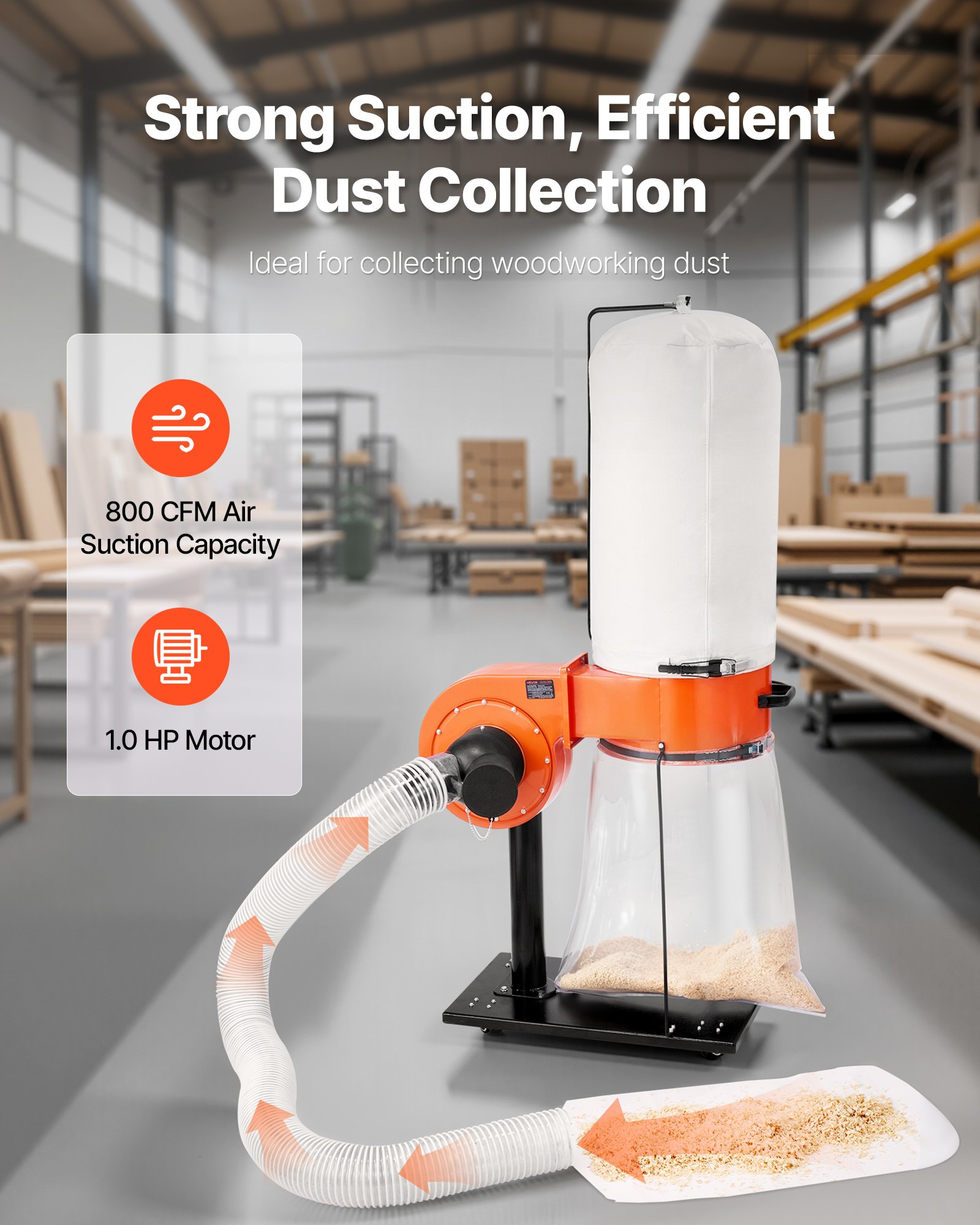 VEVOR Dust Collector, 800 CFM 2.5 Micron Vortex Cone Dust Collectors, 1HP Sawdust Collection System with 16-Gallon Dusts Collector Bag, Filter Bag, and Casters, 2800 RPM High Speed, for Woodworking