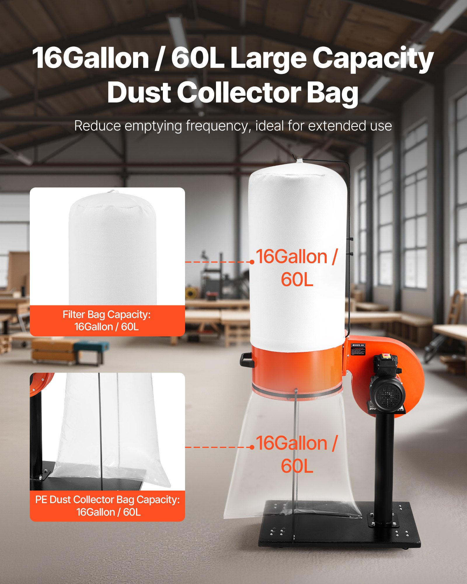 VEVOR Dust Collector, 800 CFM 2.5 Micron Vortex Cone Dust Collectors, 1HP Sawdust Collection System with 16-Gallon Dusts Collector Bag, Filter Bag, and Casters, 2800 RPM High Speed, for Woodworking