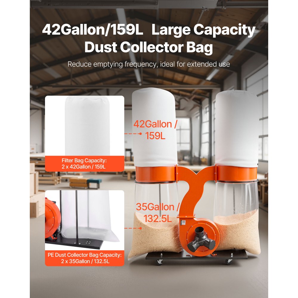 VEVOR stofafzuigsysteem, 2634,47 m³/u, 2,5 micron spaanafzuigsysteem, 3,0 pk zaagselafzuigsysteem met twee stofzakken van 132,5 l en twee filterzakken van 159 l, 2800 tpm, non-woven stof