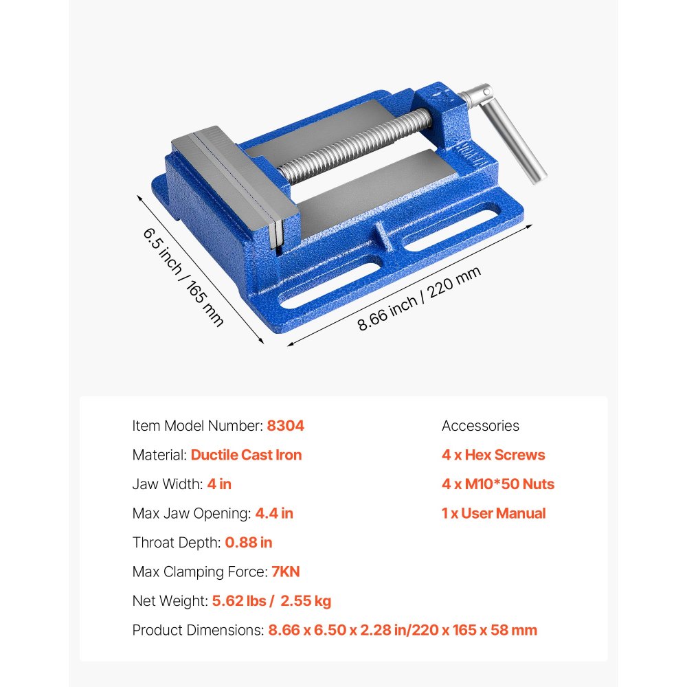 VEVOR Machineklem, 10,16 cm bekbreedte, boorklem, gietijzeren constructie, parallelle bankschroef, voor houtbewerking, metaalbewerking, boren en snijden