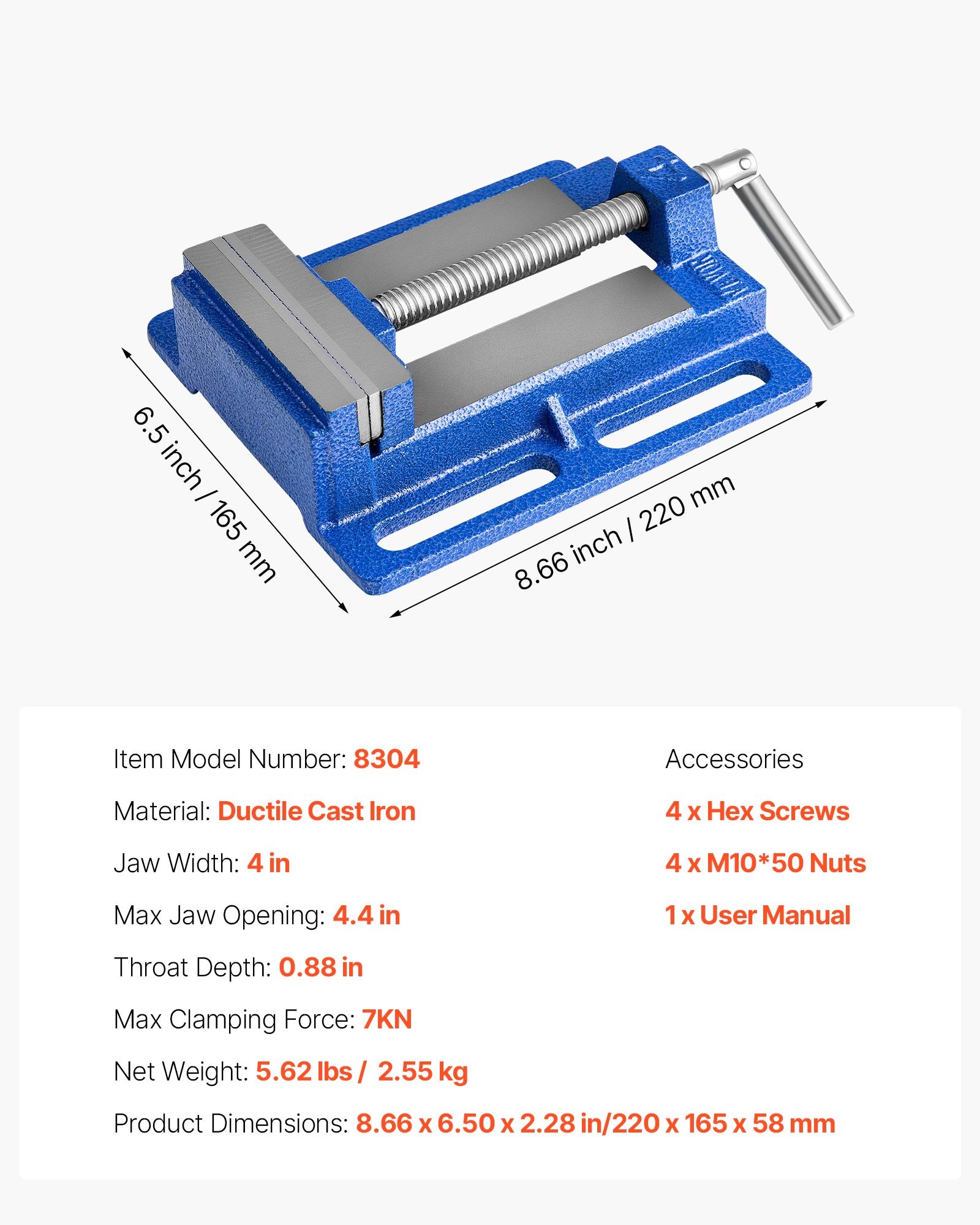 VEVOR Machineklem, 10,16 cm bekbreedte, boorklem, gietijzeren constructie, parallelle bankschroef, voor houtbewerking, metaalbewerking, boren en snijden