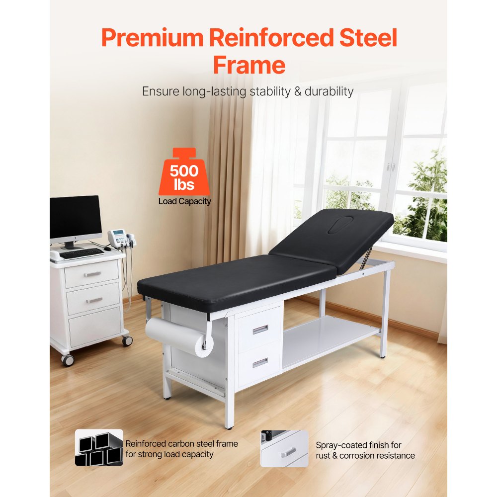VEVOR Medical Exam Table, 500LBS Loading Medical Examination Bed with Adjustable Backrest, Physical Therapy Exam Table with 2 Drawers, Storage Shelf & Paper Roll Dispenser for Hospitals Rehab Centers