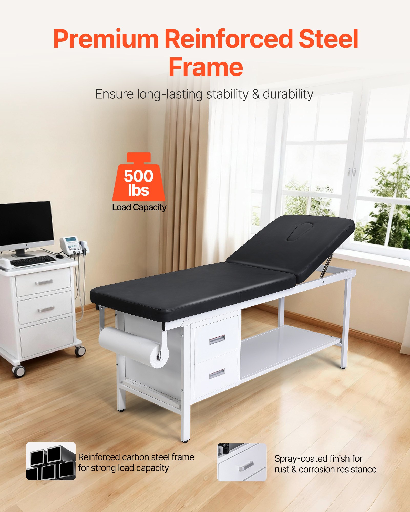 VEVOR Medical Exam Table, 500LBS Loading Medical Examination Bed with Adjustable Backrest, Physical Therapy Exam Table with 2 Drawers, Storage Shelf & Paper Roll Dispenser for Hospitals Rehab Centers