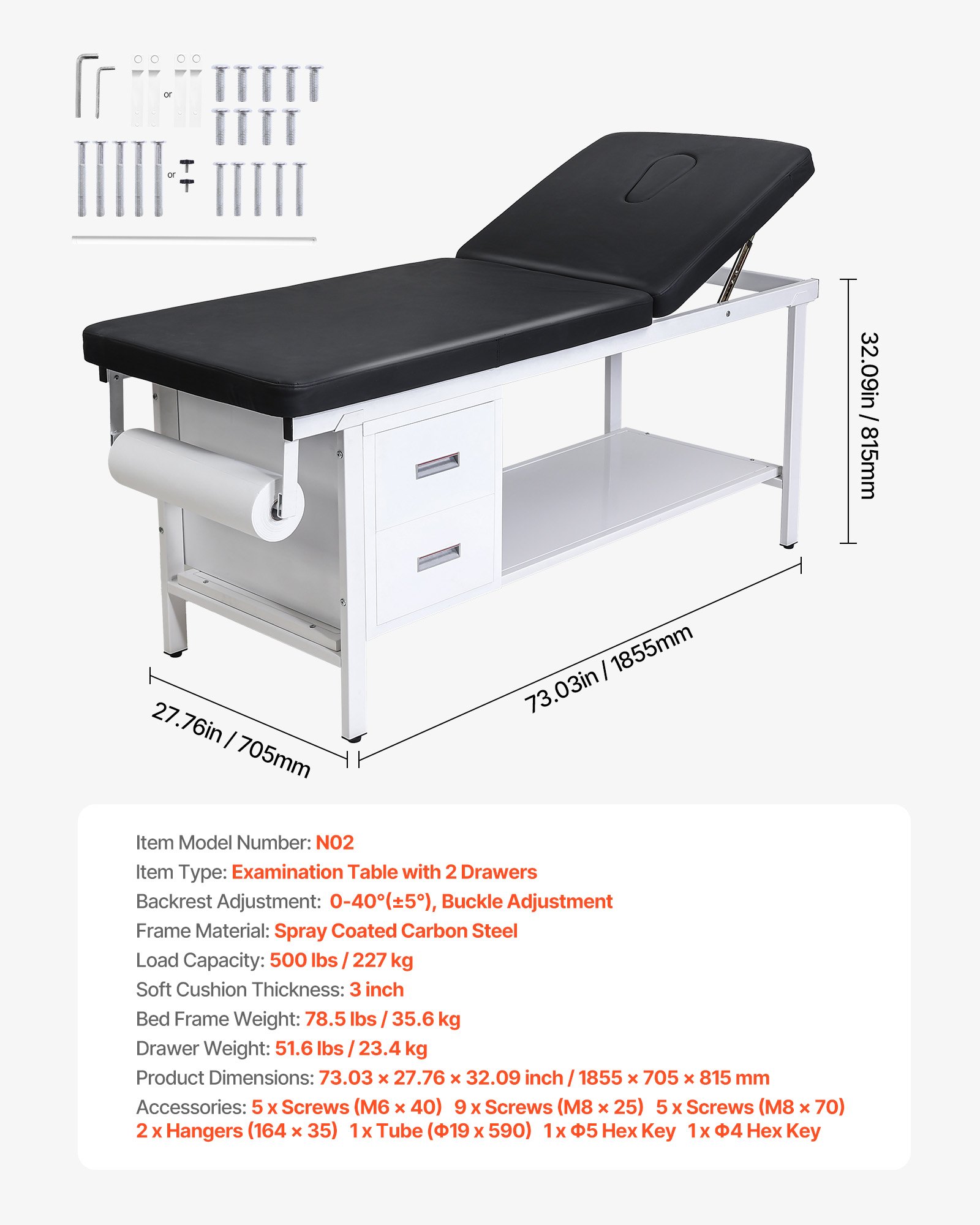 VEVOR Medical Exam Table, 500LBS Loading Medical Examination Bed with Adjustable Backrest, Physical Therapy Exam Table with 2 Drawers, Storage Shelf & Paper Roll Dispenser for Hospitals Rehab Centers