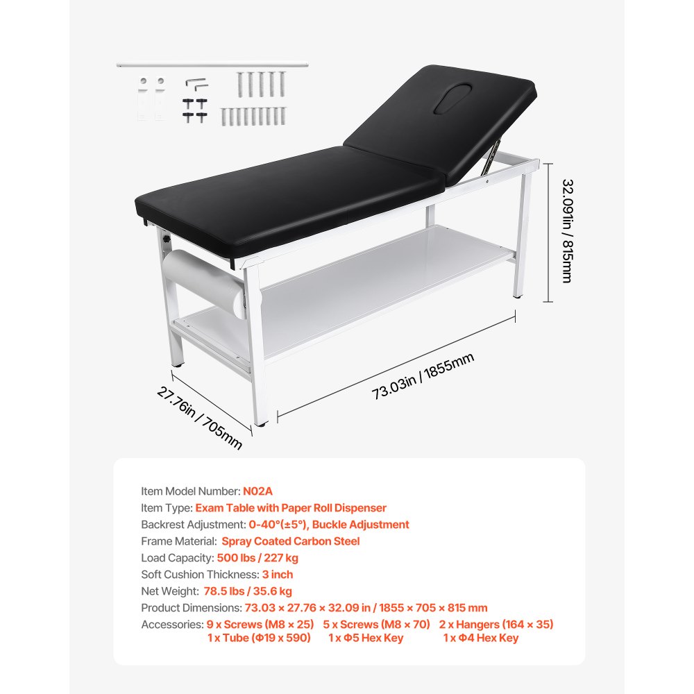 VEVOR onderzoekstafel, 227 kg, verstelbare tafel 1855x705x815 mm, ziekenhuistafel met verstelbare rugleuning (0°–40°) en papierrolhouder, onderzoekstafel voor ziekenhuizen, klinieken en revalidatiecentra.