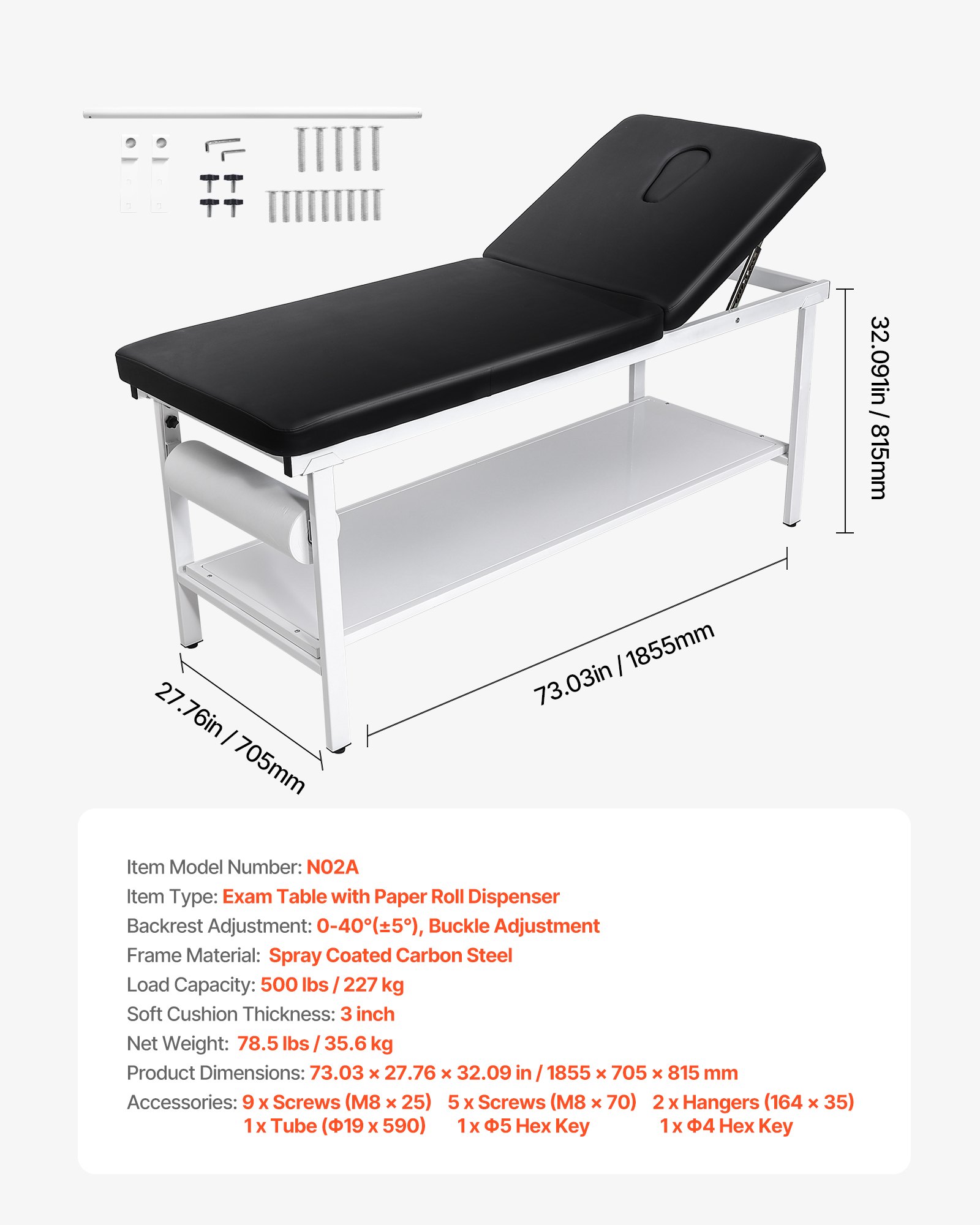 VEVOR onderzoekstafel, 227 kg, verstelbare tafel 1855x705x815 mm, ziekenhuistafel met verstelbare rugleuning (0°–40°) en papierrolhouder, onderzoekstafel voor ziekenhuizen, klinieken en revalidatiecentra.