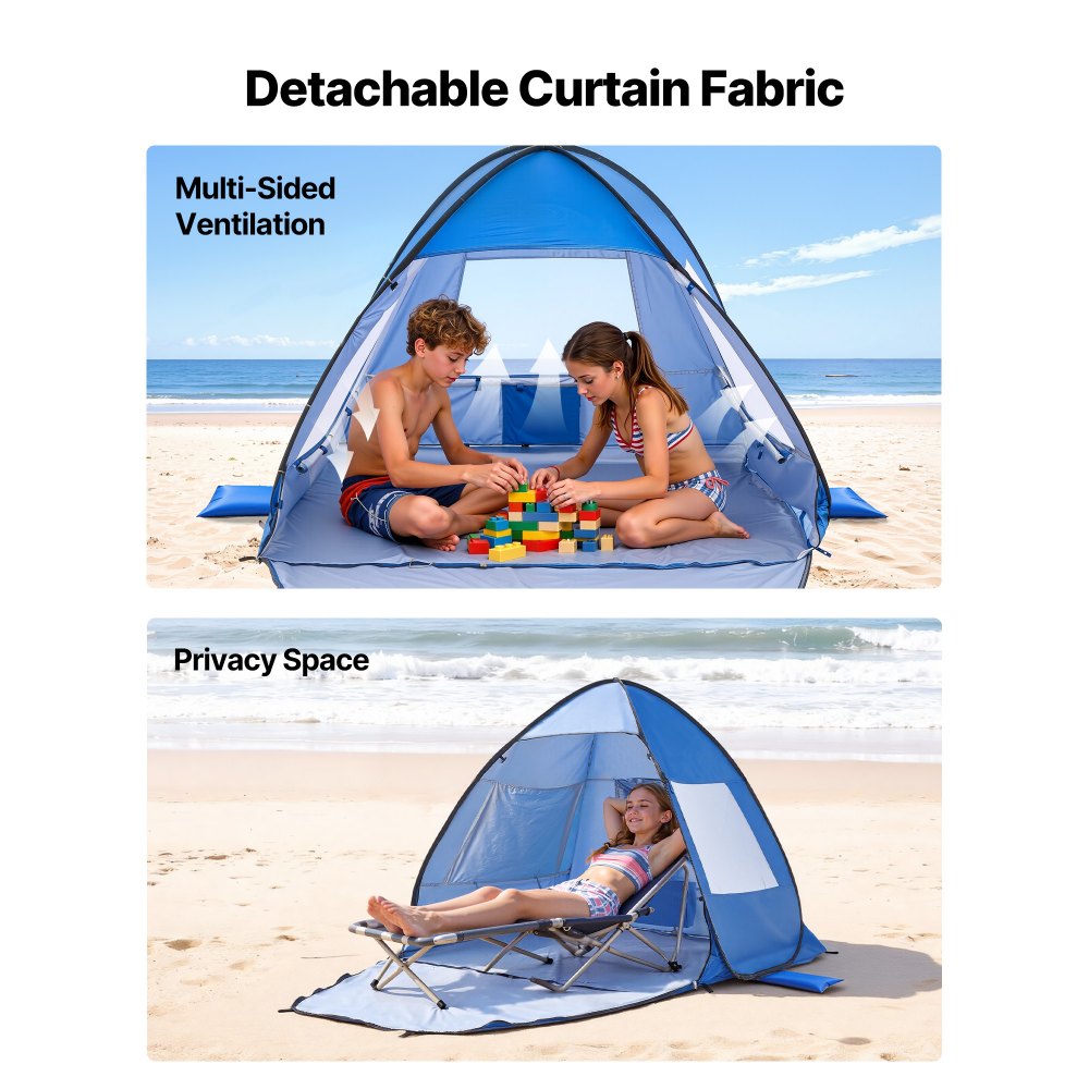 VEVOR strandtent/zonnescherm voor 2 personen, UPF 50+ bescherming, draagbare strandtent met draagtas en metalen stokken, compacte strandparasol voor kamperen, vissen, picknicken, zonnetent