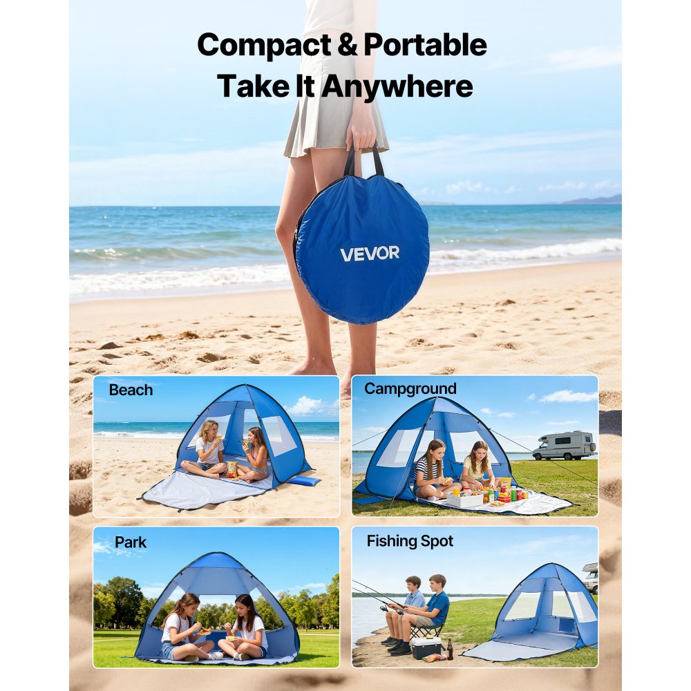 VEVOR strandtent/zonnescherm voor 2 personen, UPF 50+ bescherming, draagbare strandtent met draagtas en metalen stokken, compacte strandparasol voor kamperen, vissen, picknicken, zonnetent