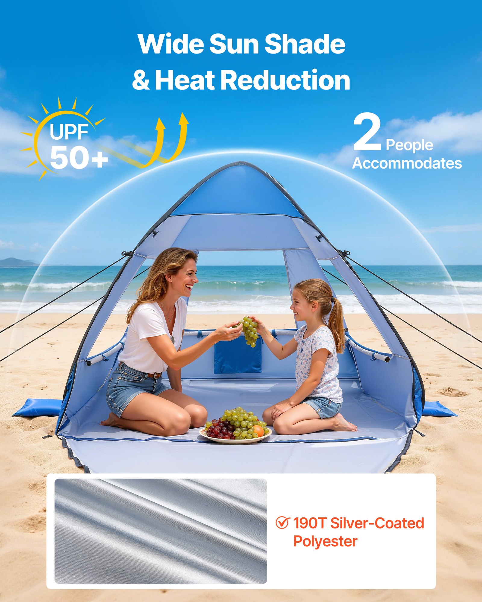 VEVOR strandtent/zonnescherm voor 2 personen, UPF 50+ bescherming, draagbare strandtent met draagtas en metalen stokken, compacte strandparasol voor kamperen, vissen, picknicken, zonnetent
