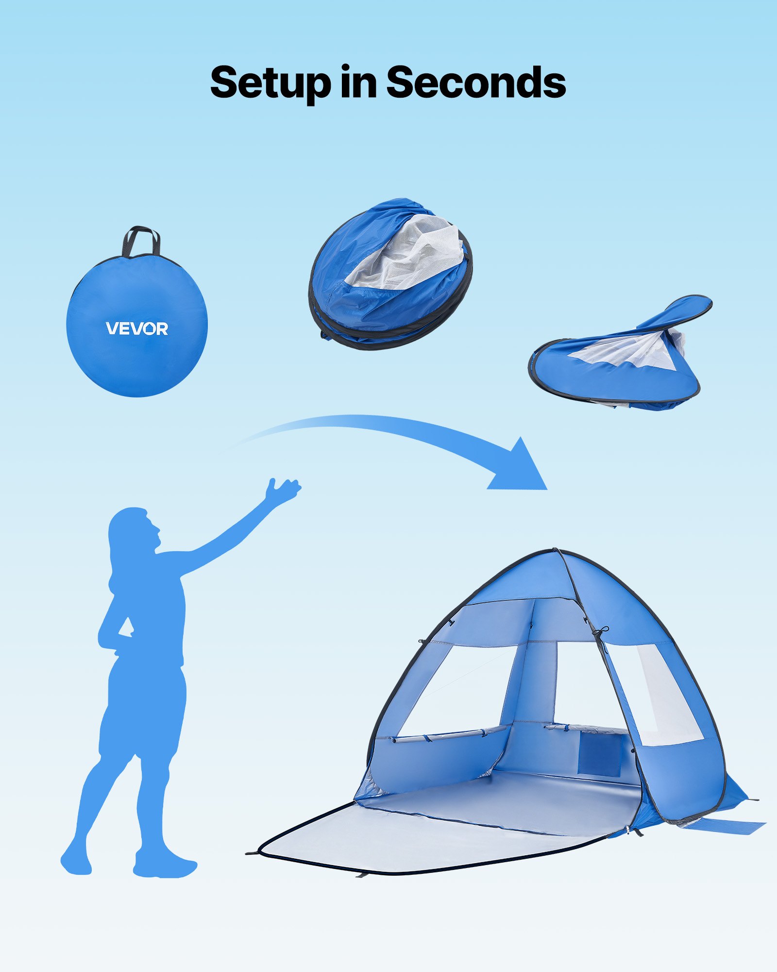 VEVOR strandtent/zonnescherm voor 2 personen, UPF 50+ bescherming, draagbare strandtent met draagtas en metalen stokken, compacte strandparasol voor kamperen, vissen, picknicken, zonnetent