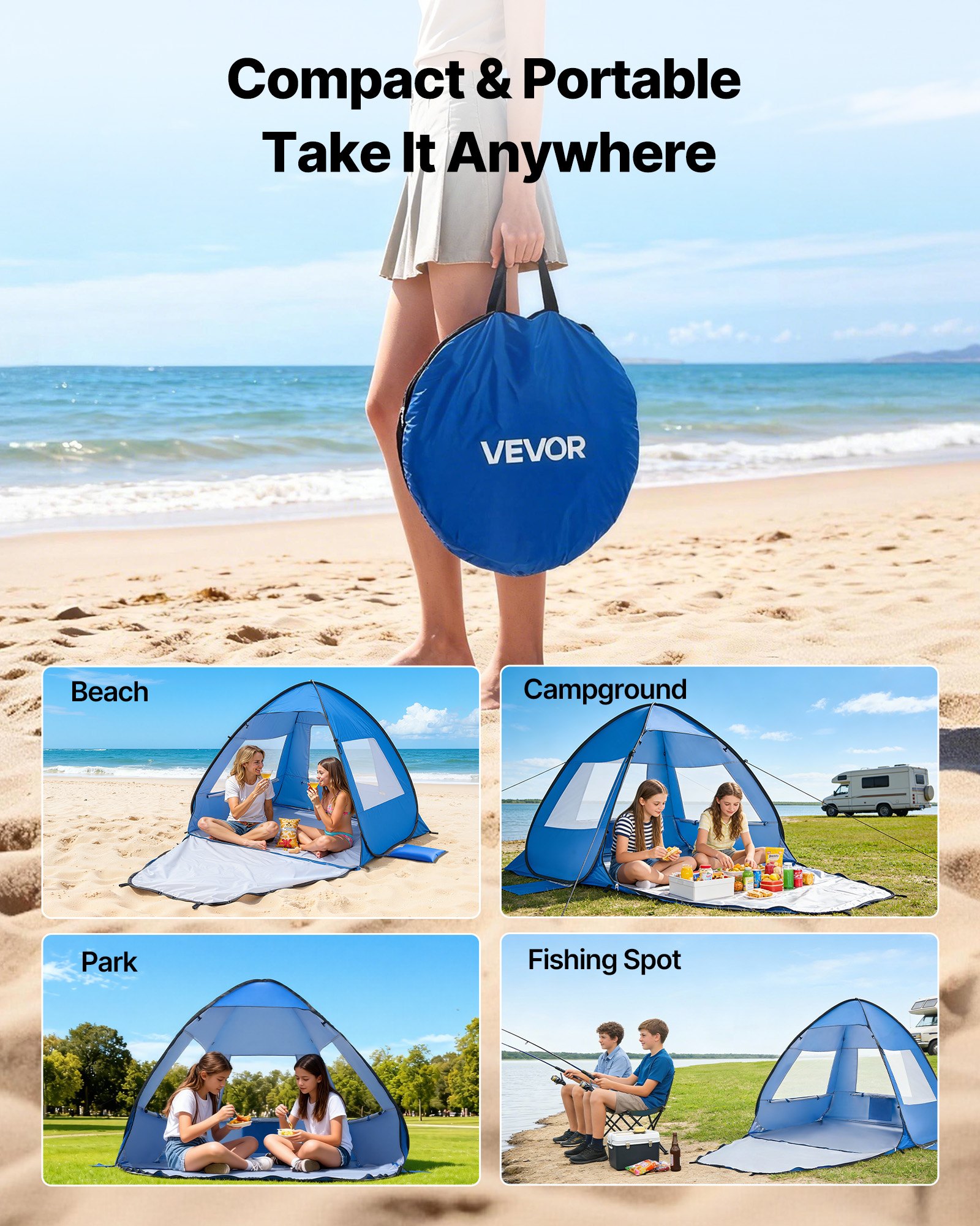 VEVOR strandtent/zonnescherm voor 2 personen, UPF 50+ bescherming, draagbare strandtent met draagtas en metalen stokken, compacte strandparasol voor kamperen, vissen, picknicken, zonnetent
