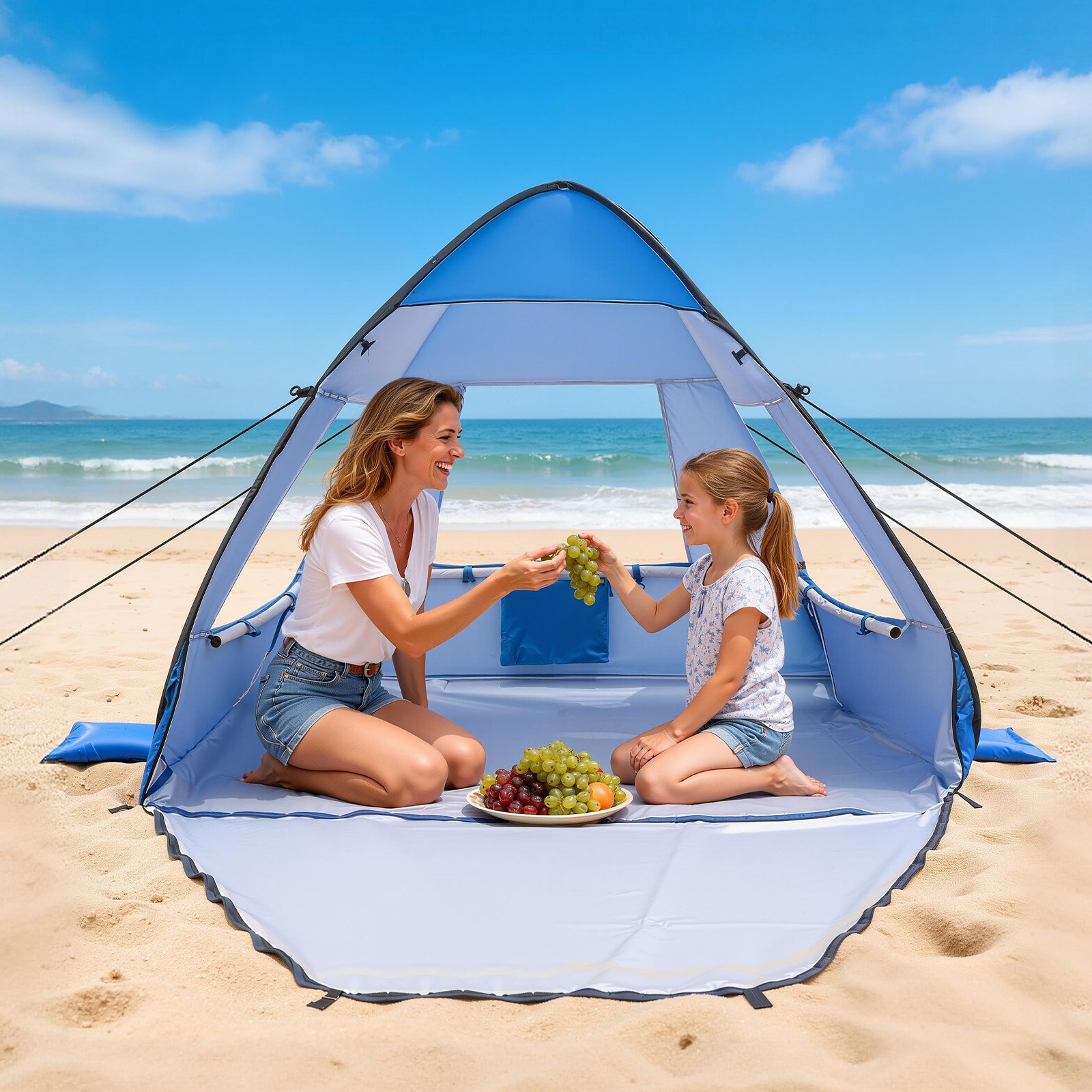 VEVOR strandtent/zonnescherm voor 2 personen, UPF 50+ bescherming, draagbare strandtent met draagtas en metalen stokken, compacte strandparasol voor kamperen, vissen, picknicken, zonnetent