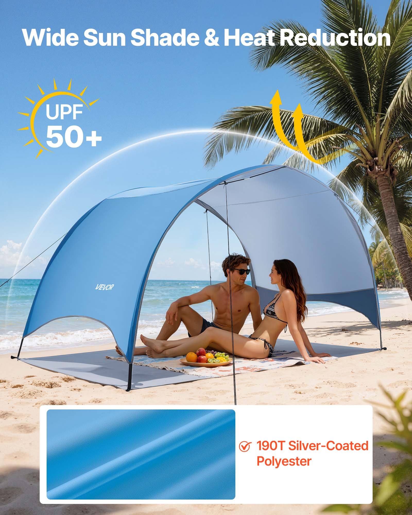 VEVOR strandtent/zonnescherm voor 3 personen, UPF 50+ bescherming, draagbare strandtent met draagtas en haringen, lichtgewicht compacte strandparasol voor kamperen, vissen, picknicken, zonnebaden