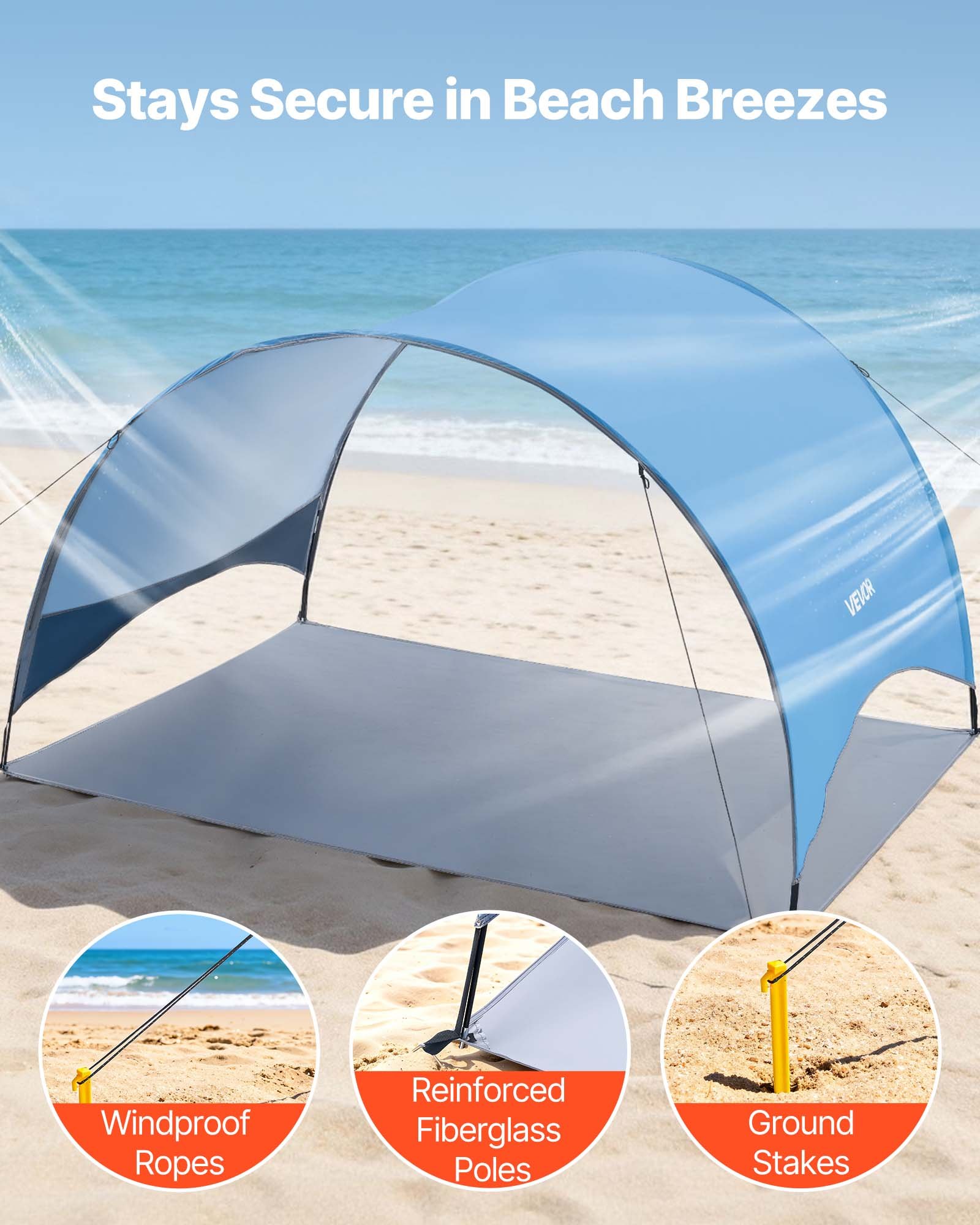 VEVOR strandtent/zonnescherm voor 3 personen, UPF 50+ bescherming, draagbare strandtent met draagtas en haringen, lichtgewicht compacte strandparasol voor kamperen, vissen, picknicken, zonnebaden