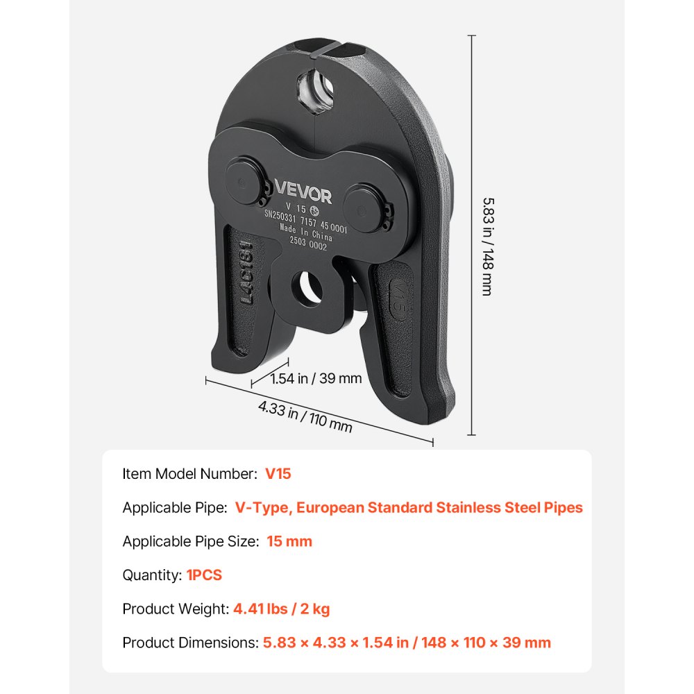 VEVOR V15 Pressing Jaw, 15mm Press Jaw for V-Type Stainless Steel Pipes, High-Strength Carburized Steel Crimping Jaws Compatible with Standard Press Tools
