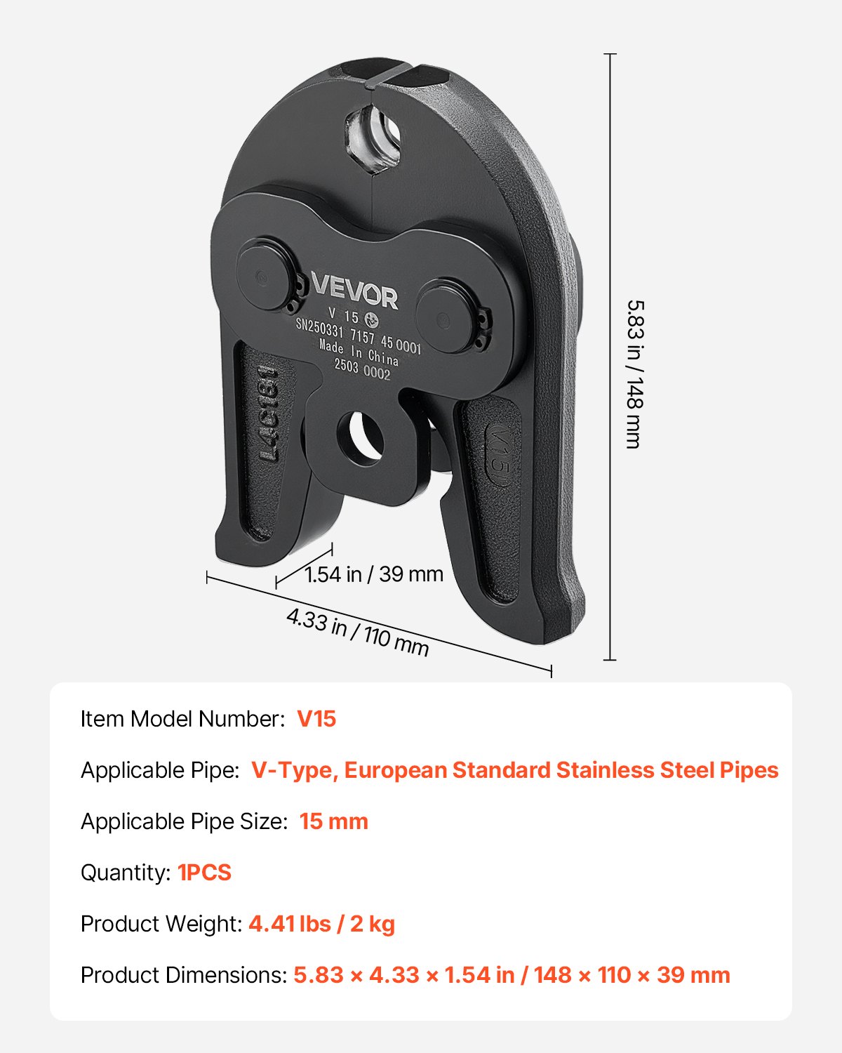 VEVOR V15 Pressing Jaw, 15mm Press Jaw for V-Type Stainless Steel Pipes, High-Strength Carburized Steel Crimping Jaws Compatible with Standard Press Tools