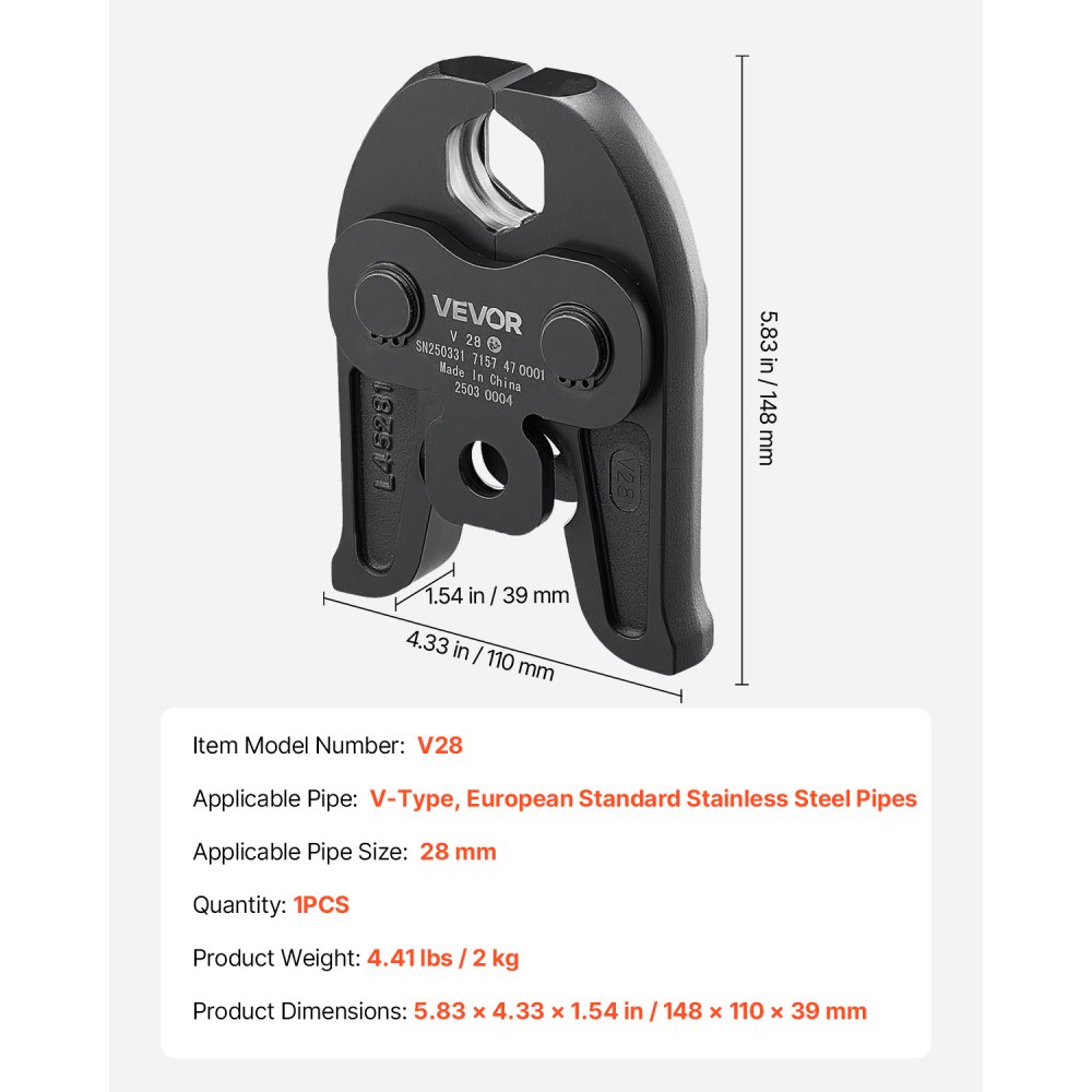 VEVOR V28 Pressing Jaw, 28mm Press Jaw for V-Type Stainless Steel Pipes, High-Strength Carburized Steel Crimping Jaws Compatible with Standard Press Tools