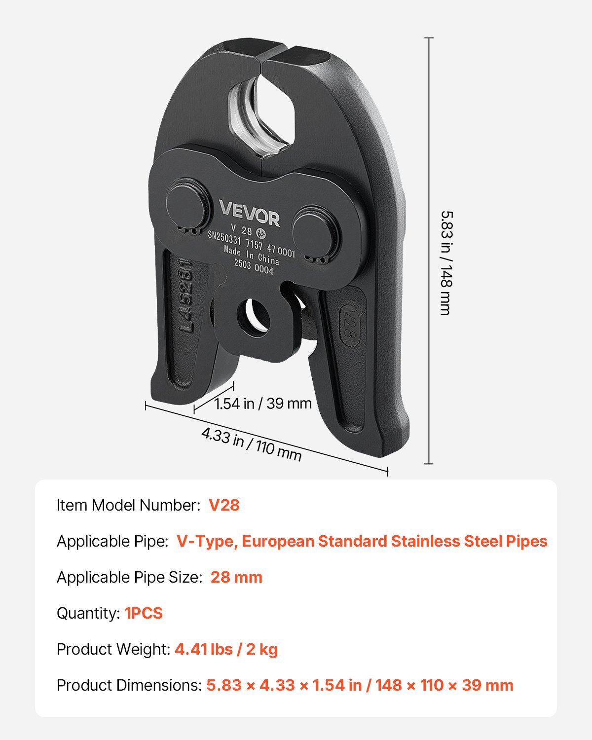 VEVOR V28 Pressing Jaw, 28mm Press Jaw for V-Type Stainless Steel Pipes, High-Strength Carburized Steel Crimping Jaws Compatible with Standard Press Tools