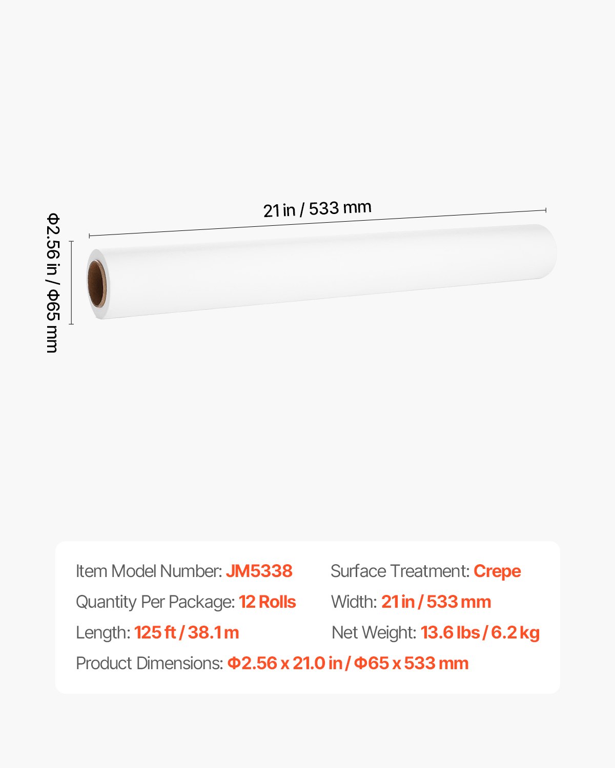 VEVOR Medical Crepe, 533 mm x 38,1 m, tafelkleed (12 stuks), wegwerpbare tafelrol, medische rol, ideaal voor spa's, kinderdagverblijven, artsen, chiropractors, onderzoeks- en massagetafels, wit