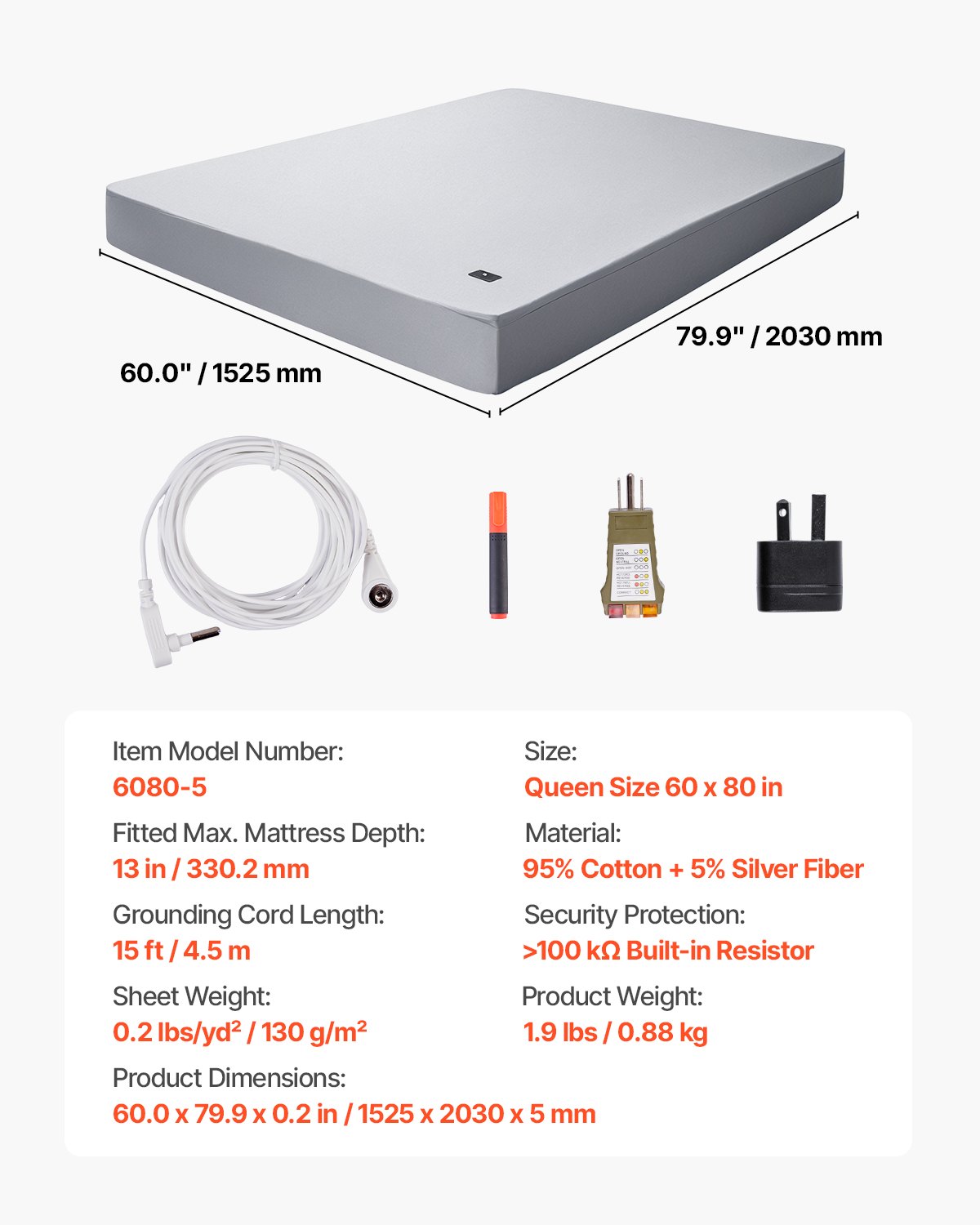 VEVOR Grounding Sheets, Queen Size, 95% Cotton + 5% Pure Silver Fiber, Earth Grounded Fitted Bed Sheets, with Grounding Cord & Tester, for Improved Sleep & Wellness (Gray, Queen - 60 x 80 x 13 in)