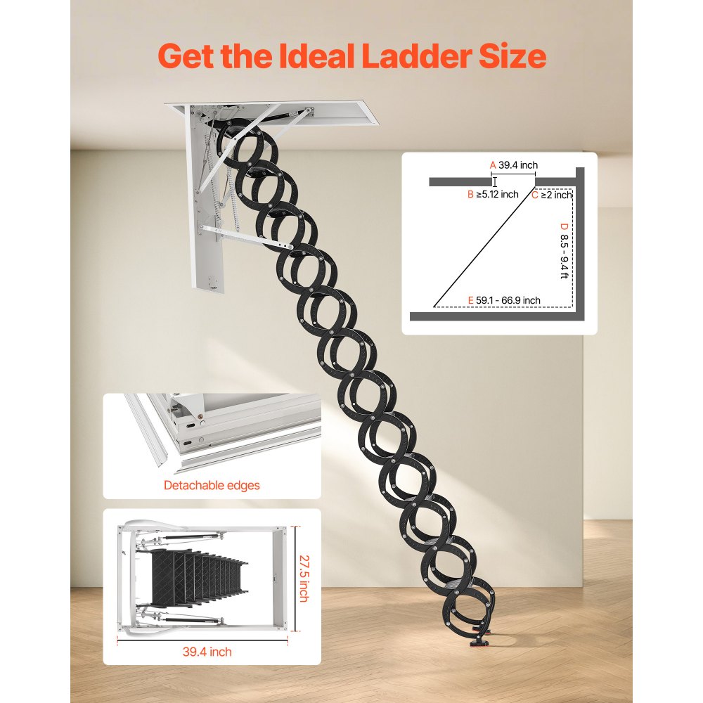 VEVOR Attic Ladder, 660LBS/299.4KG Capacity, Fits 8.5 to 9.4 ft Ceiling Height and 39.4 x 27.5 inch Opening Size, Alloy Steel Pull-Down Retractable Ceiling Stair with Pulling Rod for Attic Loft Roof