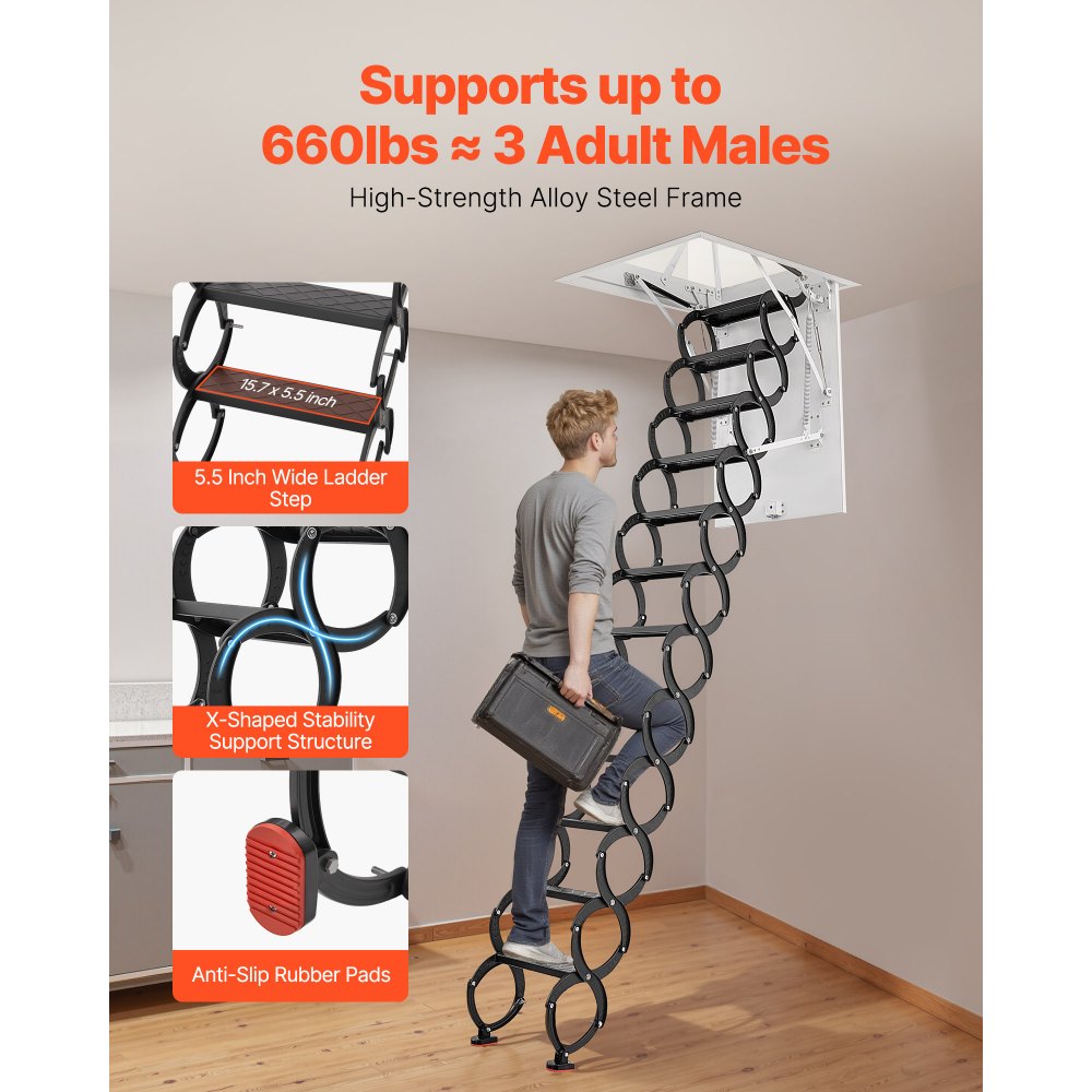 VEVOR Zolderladder, draagvermogen 299,4 kg, geschikt voor plafondhoogtes van 2,6 tot 2,85 m en een openingsmaat van 1000,76 x 698,5 mm, schaarladder van gelegeerd staal met trekstang voor zolder