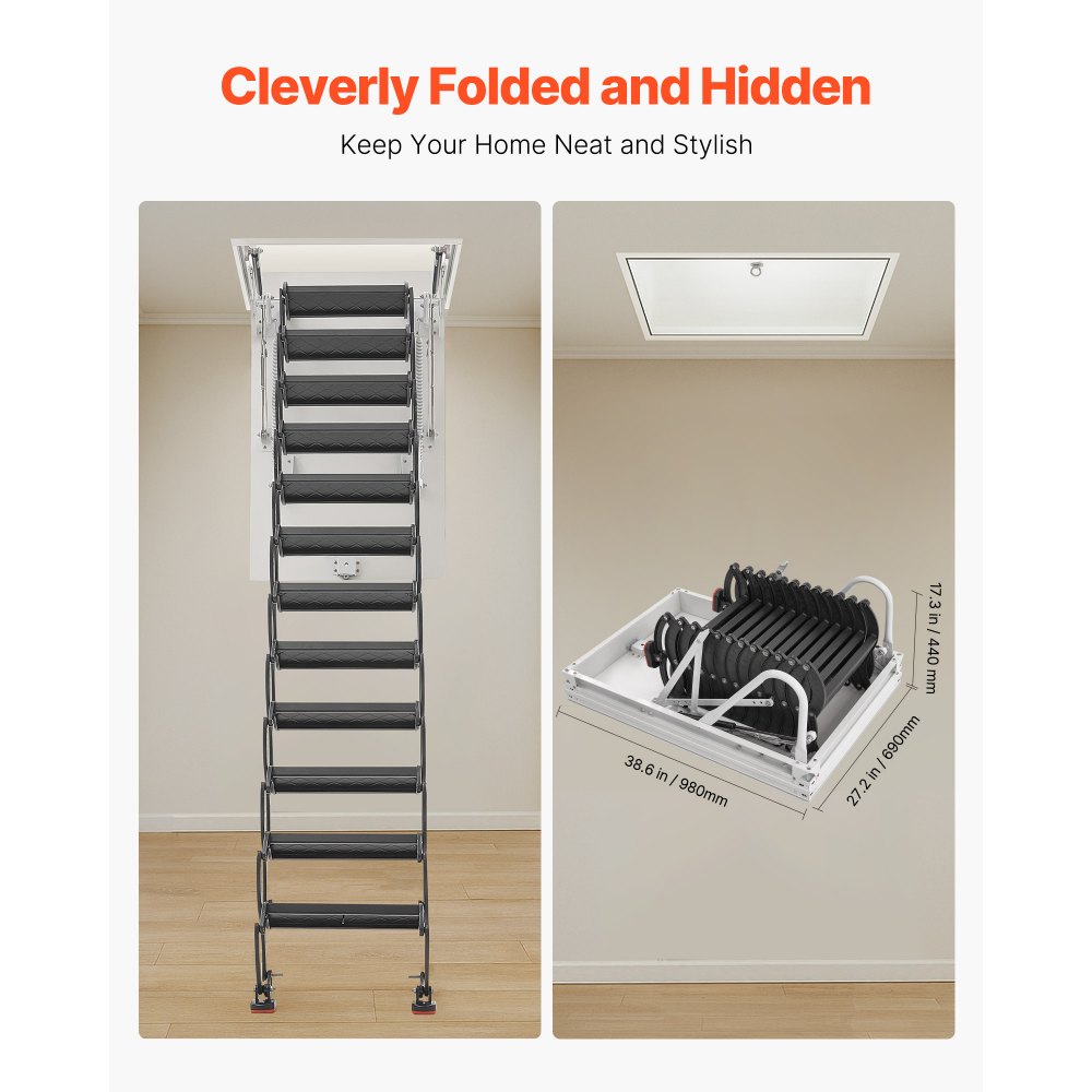 VEVOR Zolderladder, draagvermogen 299,4 kg, geschikt voor plafondhoogtes van 2,6 tot 2,85 m en een openingsmaat van 1000,76 x 698,5 mm, schaarladder van gelegeerd staal met trekstang voor zolder