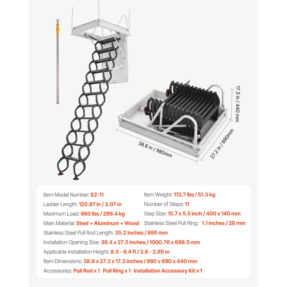 VEVOR Zolderladder, draagvermogen 299,4 kg, geschikt voor plafondhoogtes van 2,6 tot 2,85 m en een openingsmaat van 1000,76 x 698,5 mm, schaarladder van gelegeerd staal met trekstang voor zolder