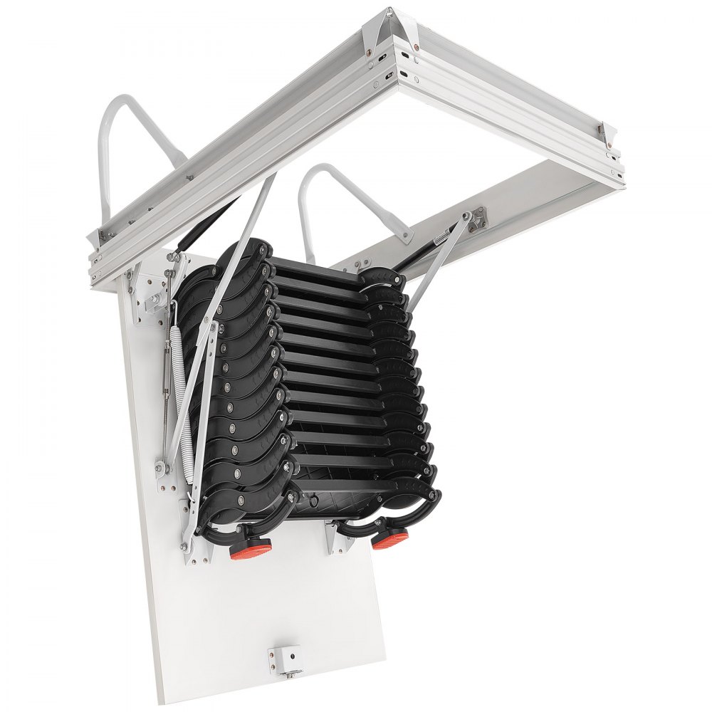VEVOR Zolderladder, draagvermogen 299,4 kg, geschikt voor plafondhoogtes van 2,6 tot 2,85 m en een openingsmaat van 1000,76 x 698,5 mm, schaarladder van gelegeerd staal met trekstang voor zolder