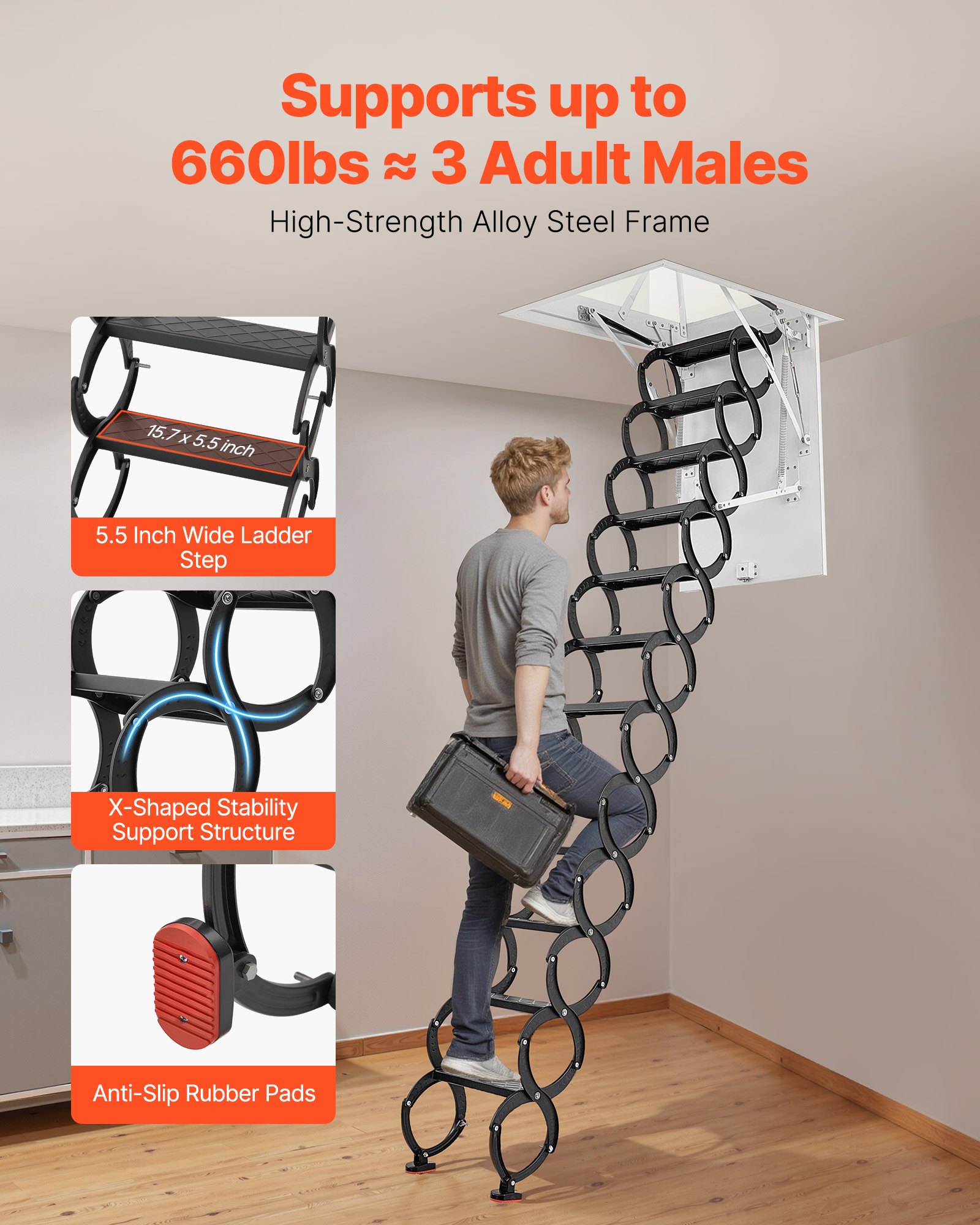 VEVOR Zolderladder, draagvermogen 299,4 kg, geschikt voor plafondhoogtes van 2,6 tot 2,85 m en een openingsmaat van 1000,76 x 698,5 mm, schaarladder van gelegeerd staal met trekstang voor zolder