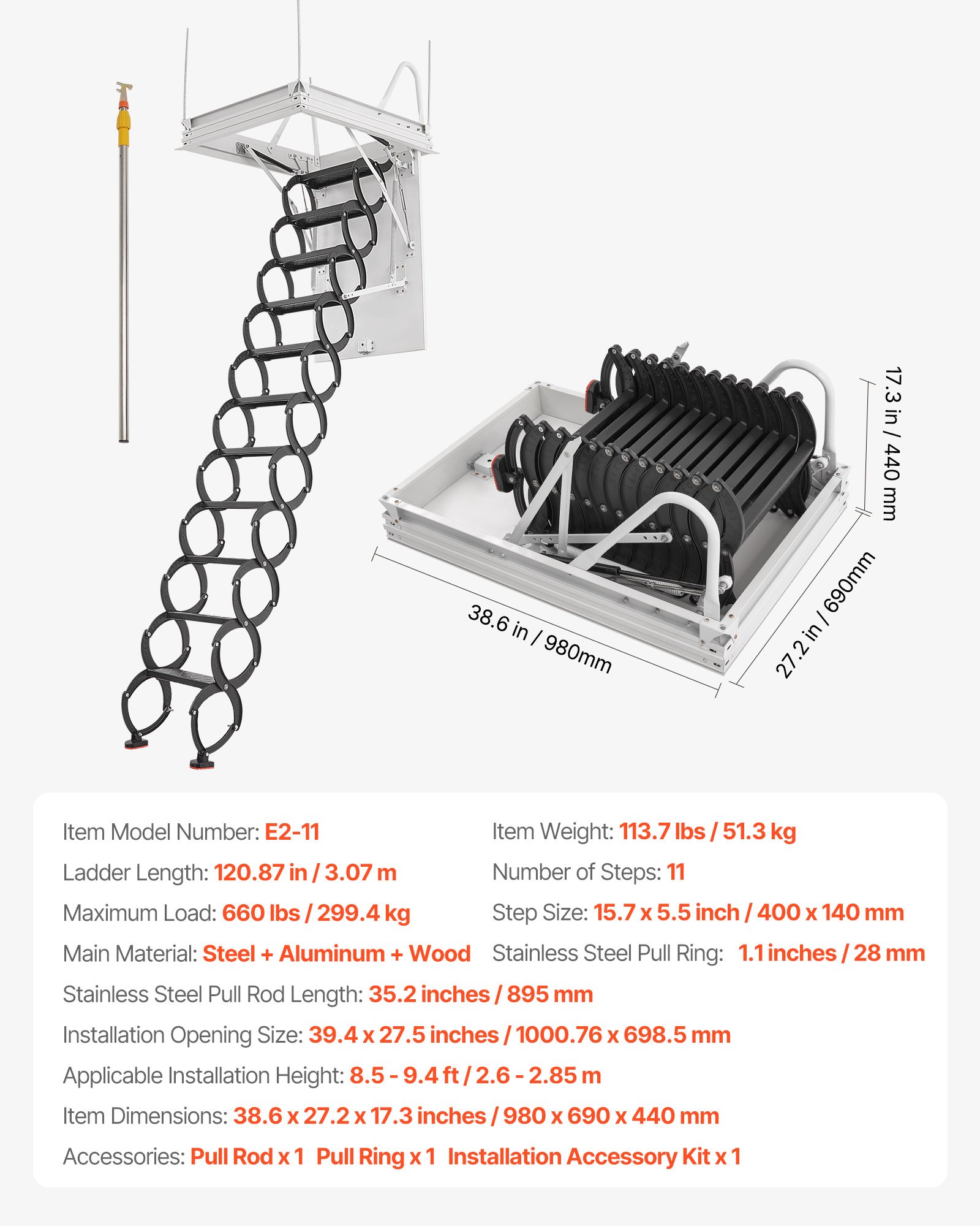 VEVOR Zolderladder, draagvermogen 299,4 kg, geschikt voor plafondhoogtes van 2,6 tot 2,85 m en een openingsmaat van 1000,76 x 698,5 mm, schaarladder van gelegeerd staal met trekstang voor zolder