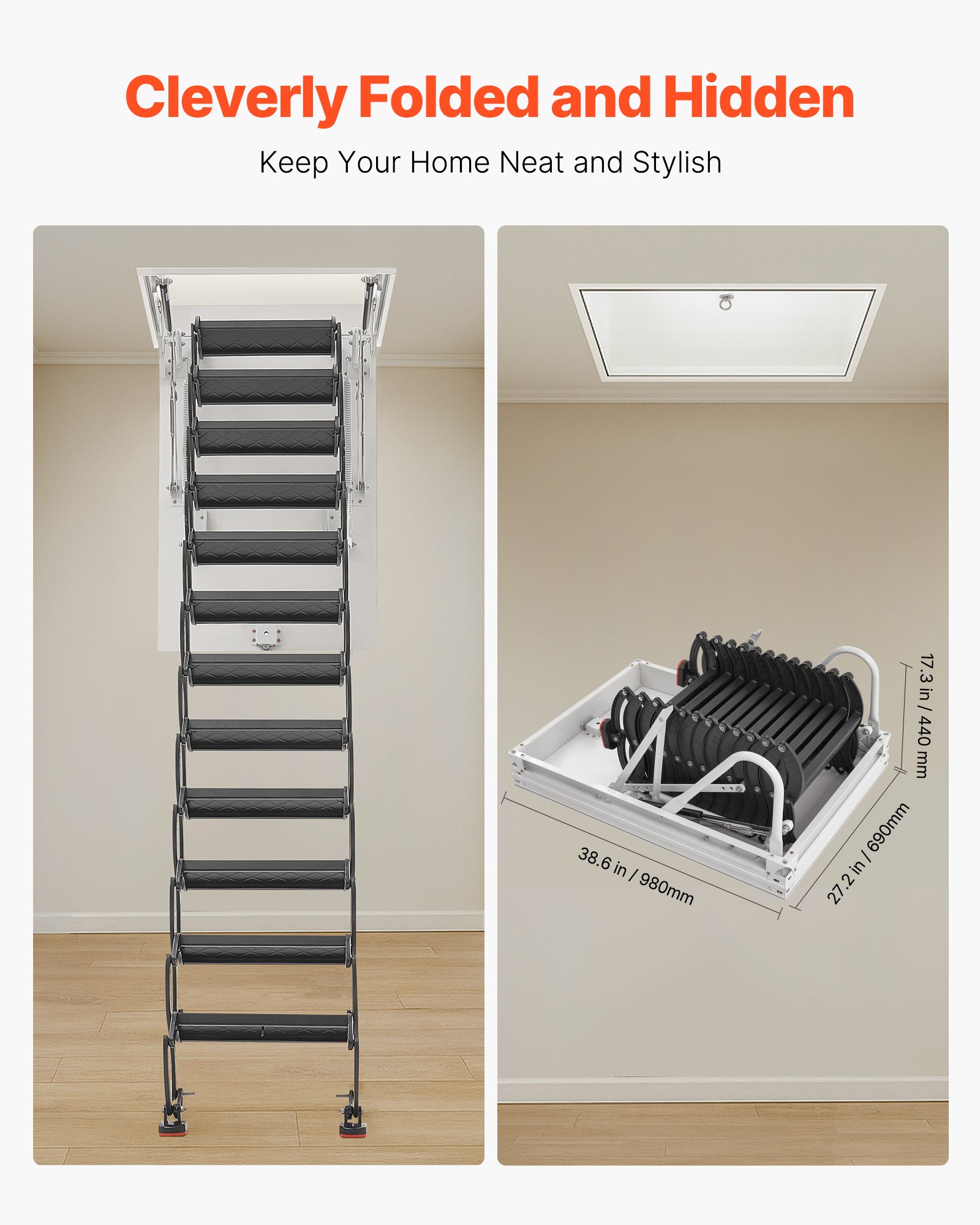 VEVOR Attic Ladder, 660LBS/299.4KG Capacity, Fits 9.5 to 10.2 ft Ceiling Height and 39.4 x 27.5 inch Opening Size, Alloy Steel Pull-Down Retractable Ceiling Stair with Pulling Rod for Attic Loft Roof