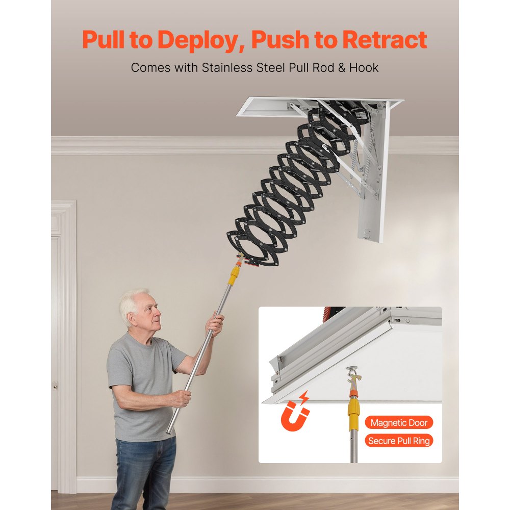 VEVOR Attic Ladder, 660LBS/299.4KG Capacity, Fits 10.5 to 11 ft Ceiling Height and 39.4 x 27.5 inch Opening Size, Alloy Steel Pull-Down Retractable Ceiling Stair with Pulling Rod for Attic Loft Roof